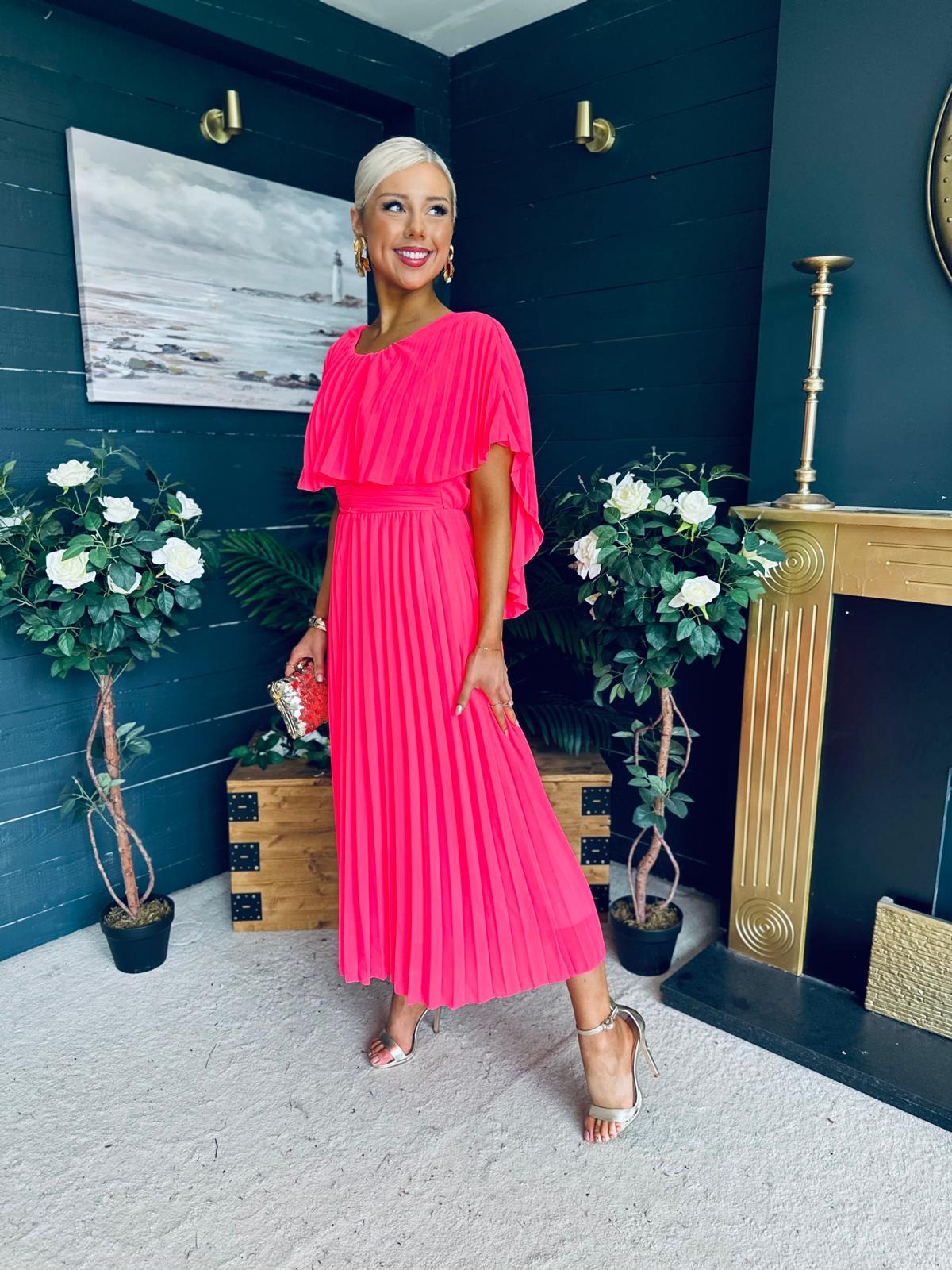 Muireann Cape Detail Midi Dress Neon Pink