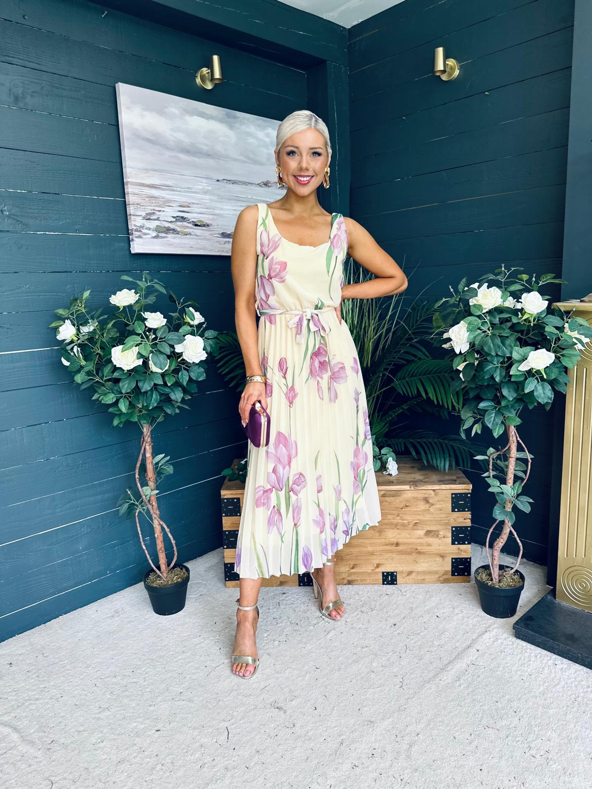 Bronagh Detailed Midi Dress Floral Yellow/Pink