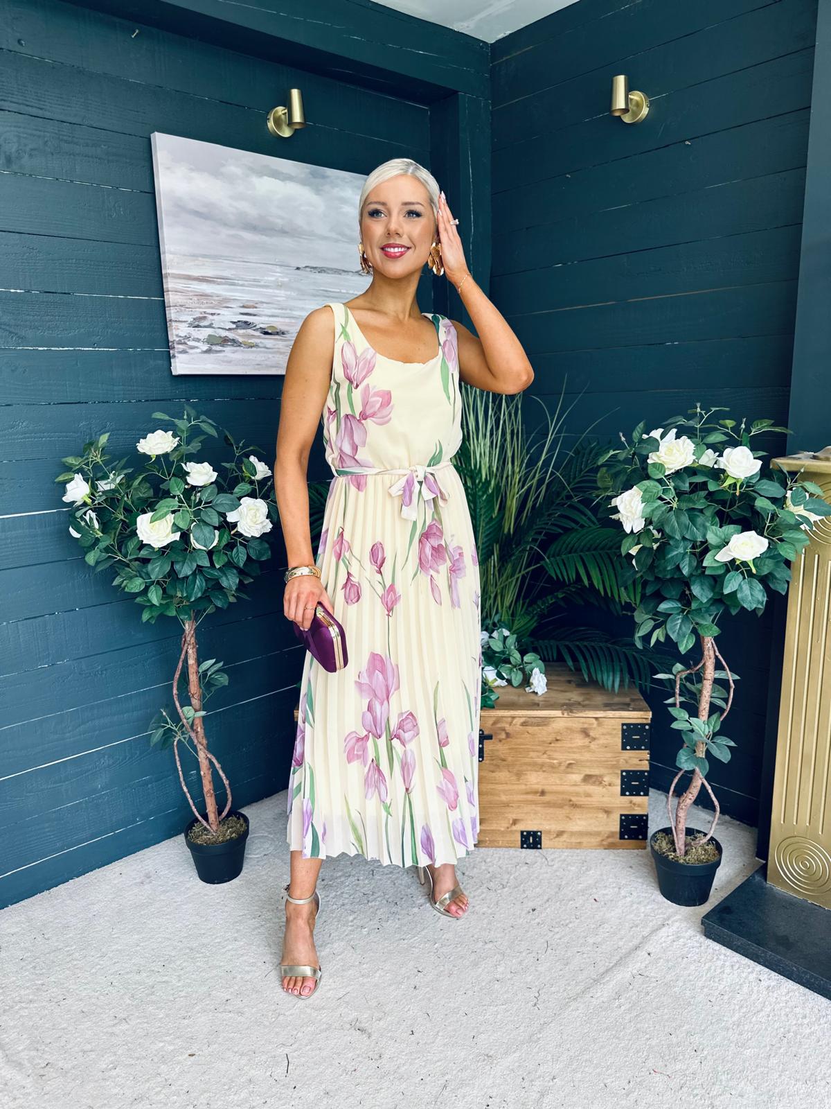 Bronagh Detailed Midi Dress Floral Yellow/Pink
