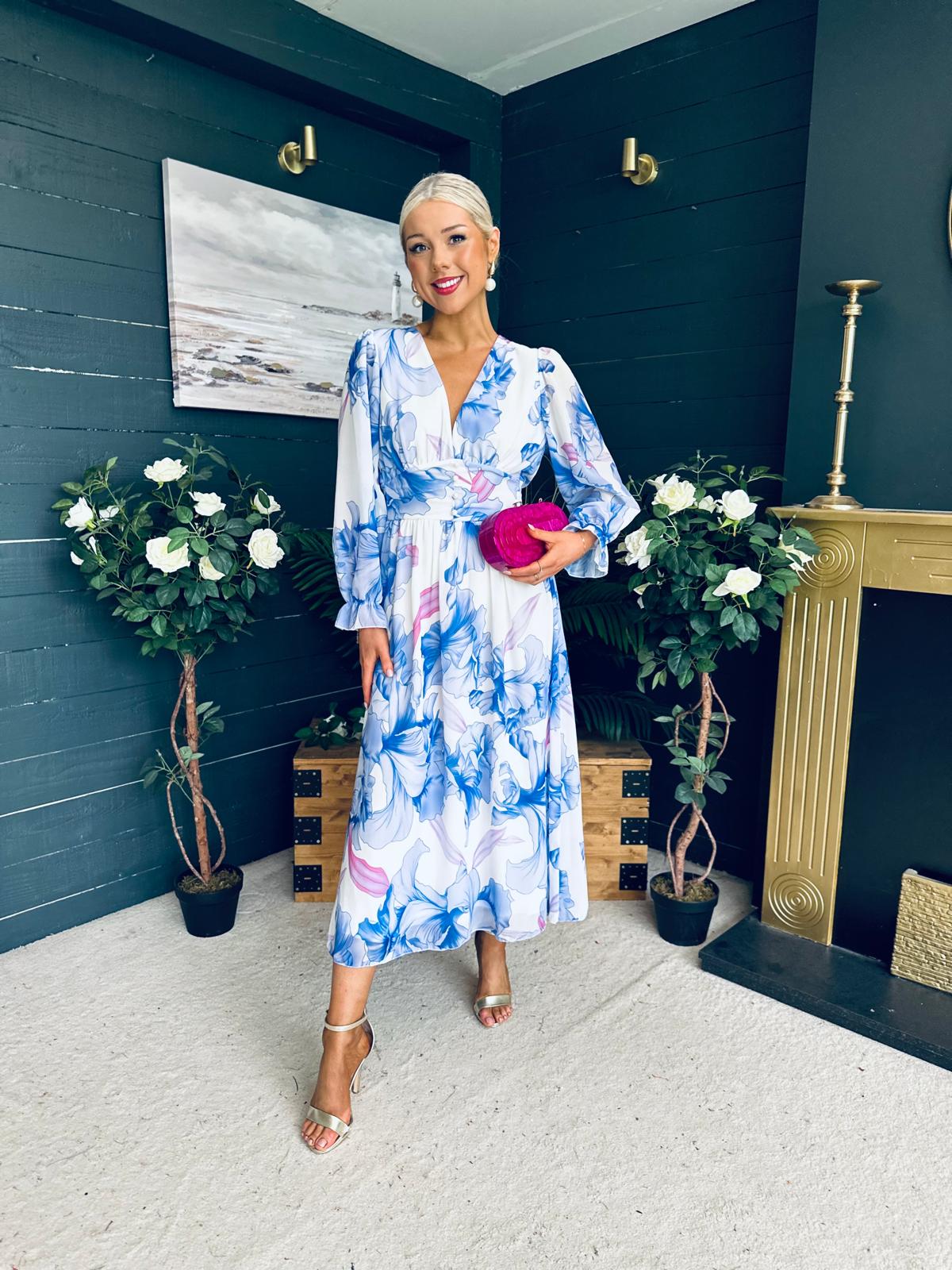 Brianna Banded Midi Dress Floral Blue