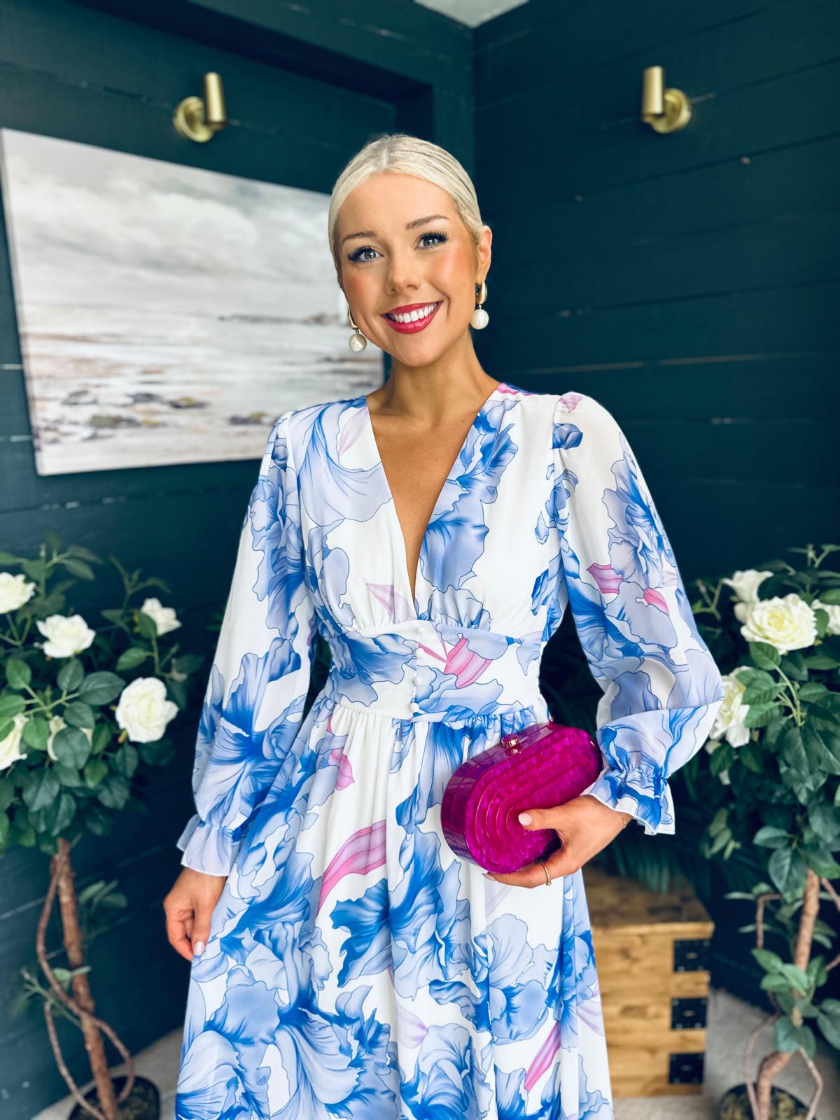 Brianna Banded Midi Dress Floral Blue