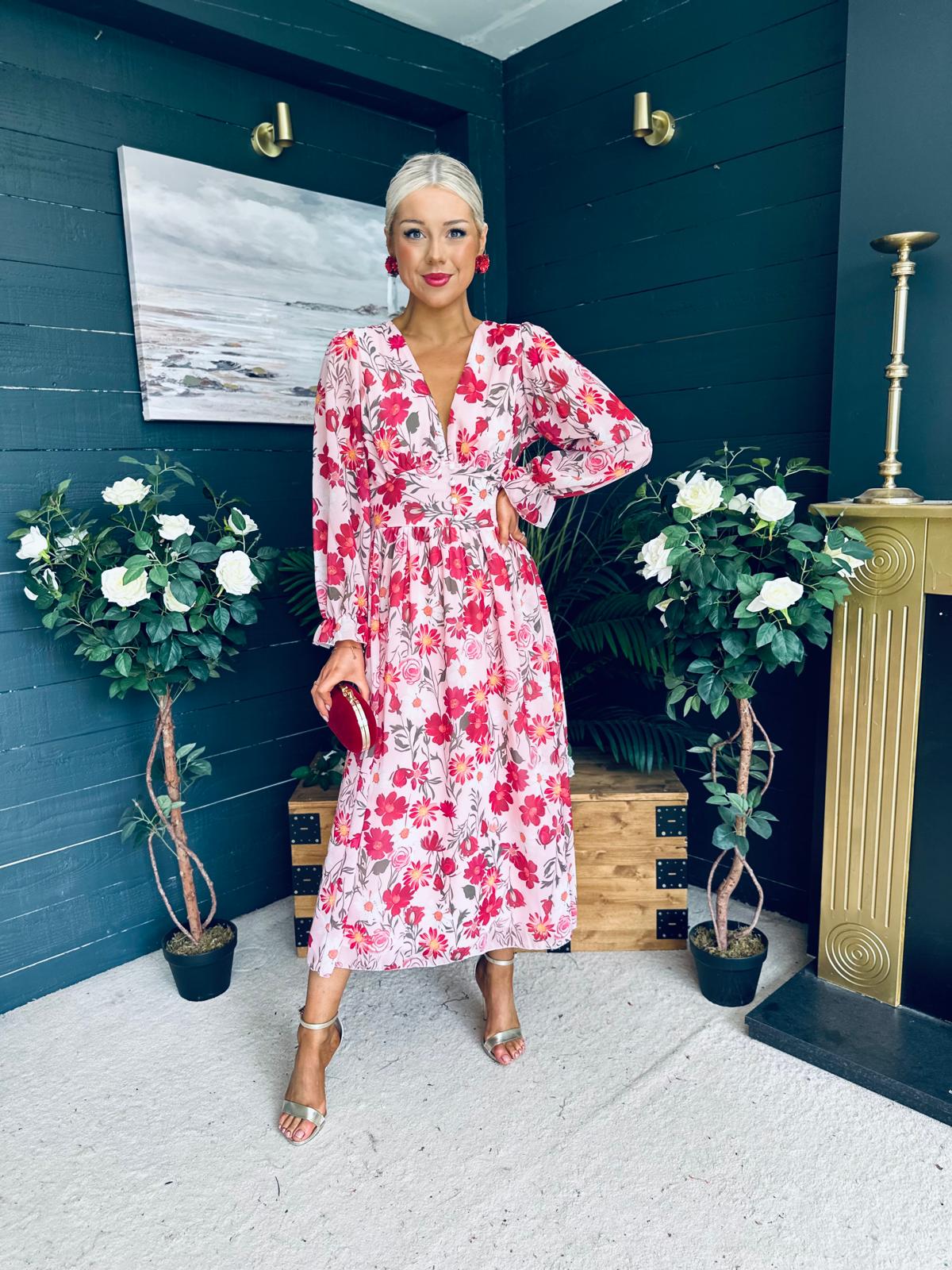 Brianna Banded Midi Dress Floral Blush