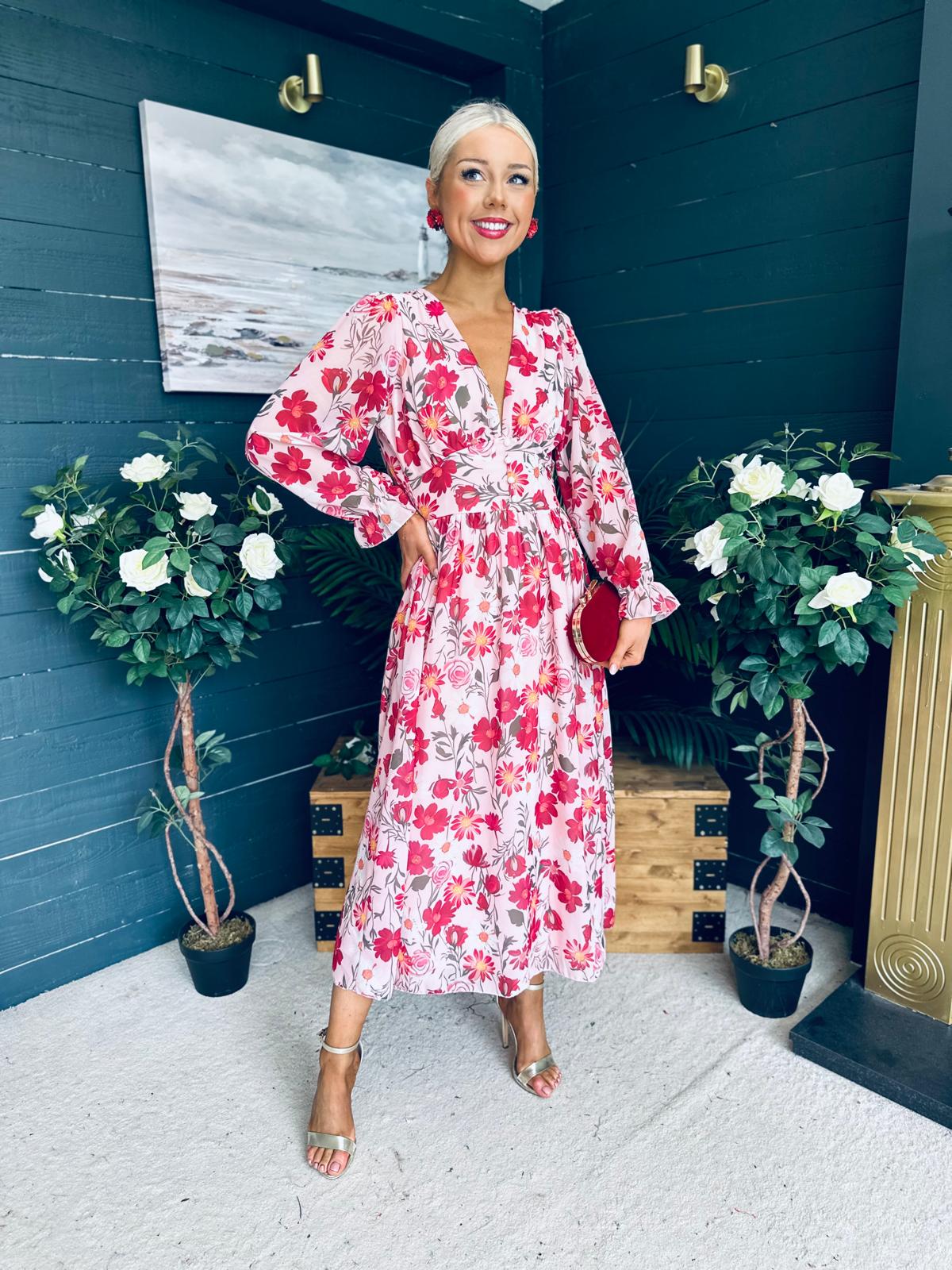 Brianna Banded Midi Dress Floral Blush
