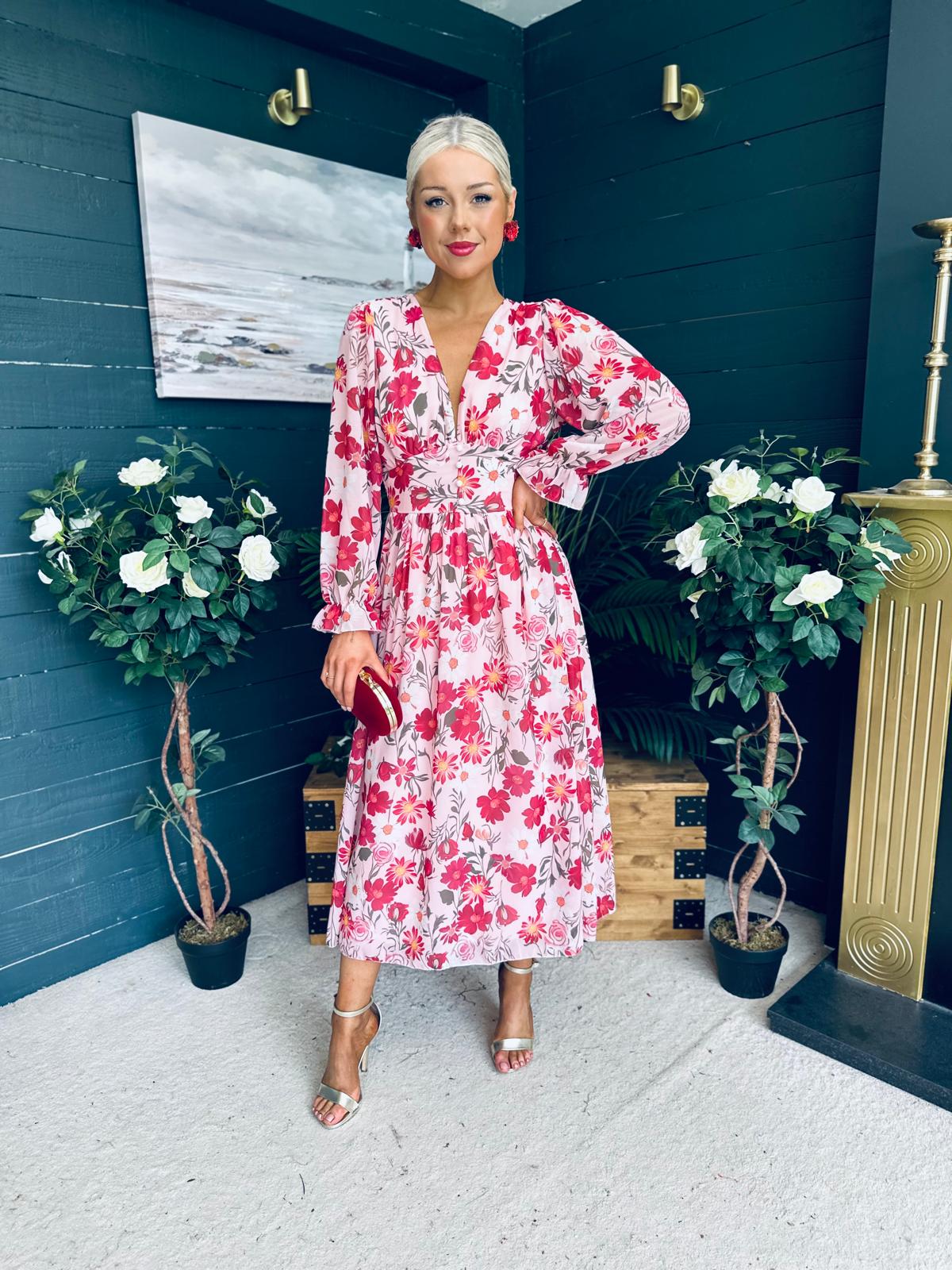 Brianna Banded Midi Dress Floral Blush
