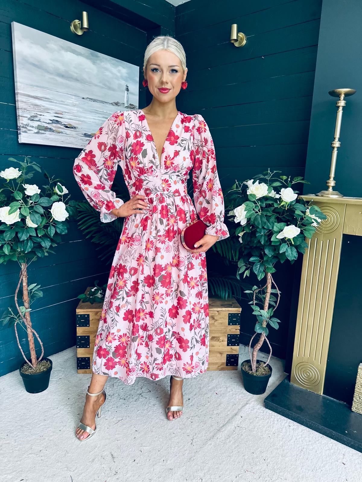 Brianna Banded Midi Dress Floral Blush