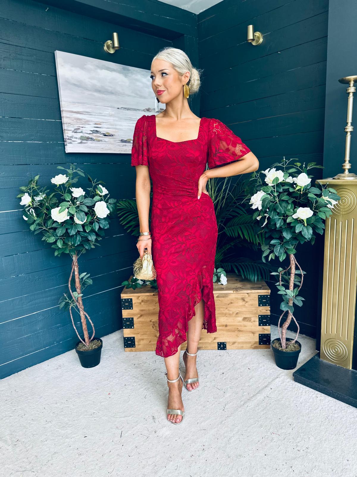 Heidi Ruched Occasion Midi Dress Wine Lace