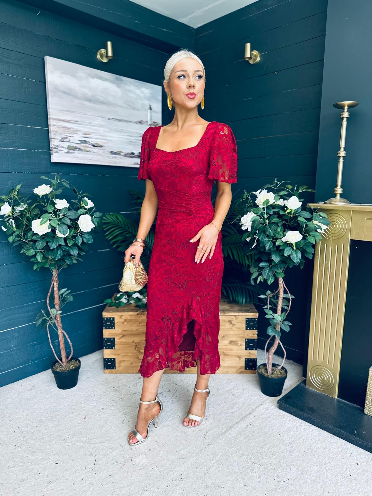Heidi Ruched Occasion Midi Dress Wine Lace