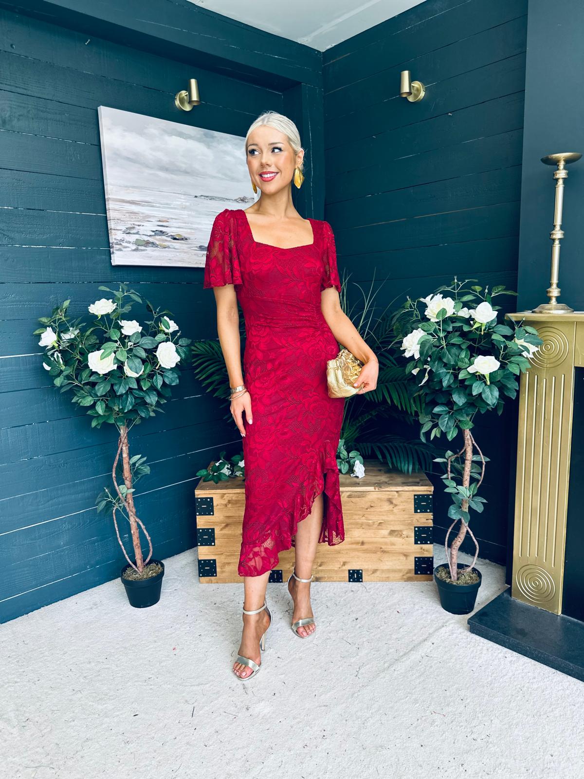 Heidi Ruched Occasion Midi Dress Wine Lace