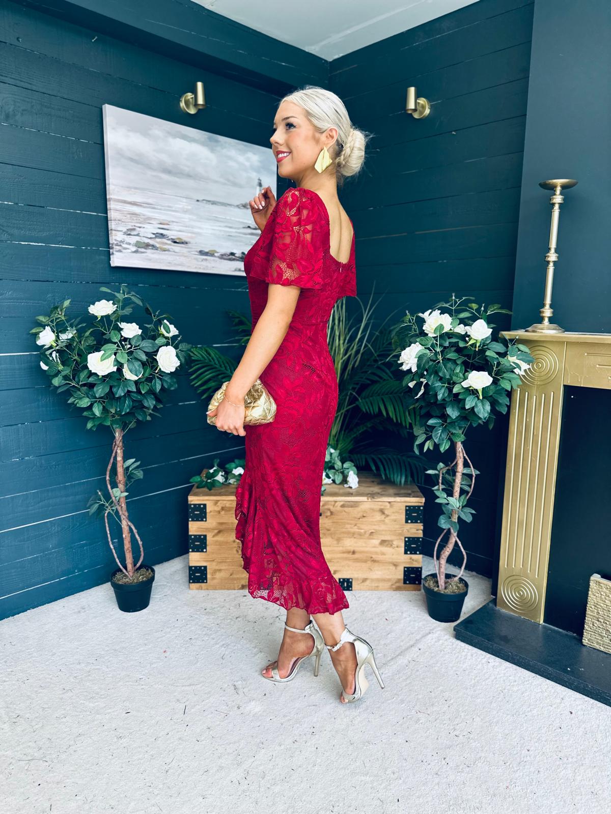 Heidi Ruched Occasion Midi Dress Wine Lace