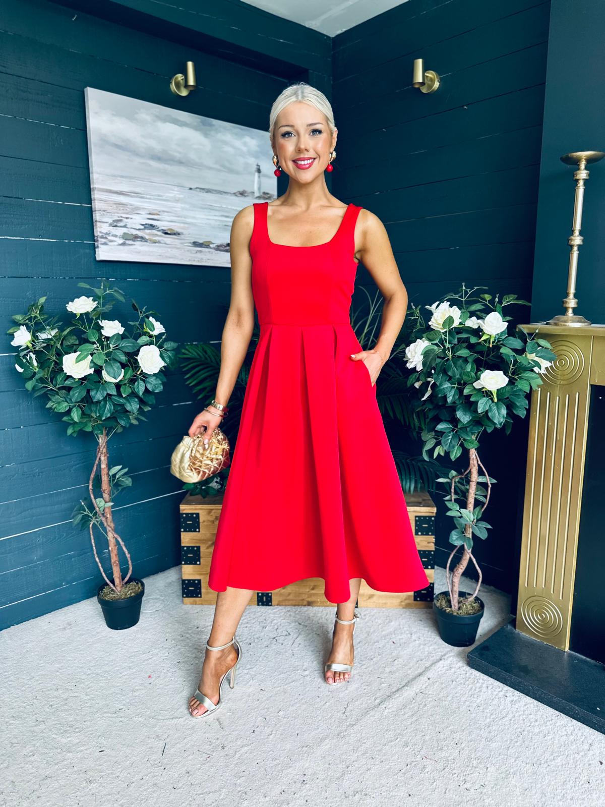 Erica Square Neck Midi Dress Red