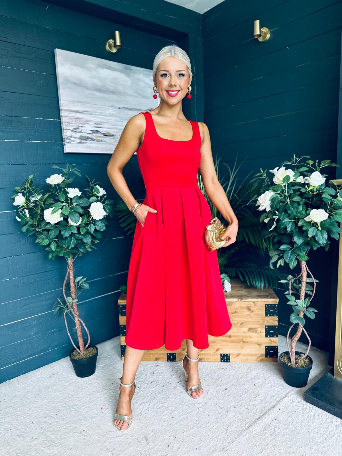 Erica Square Neck Midi Dress Red