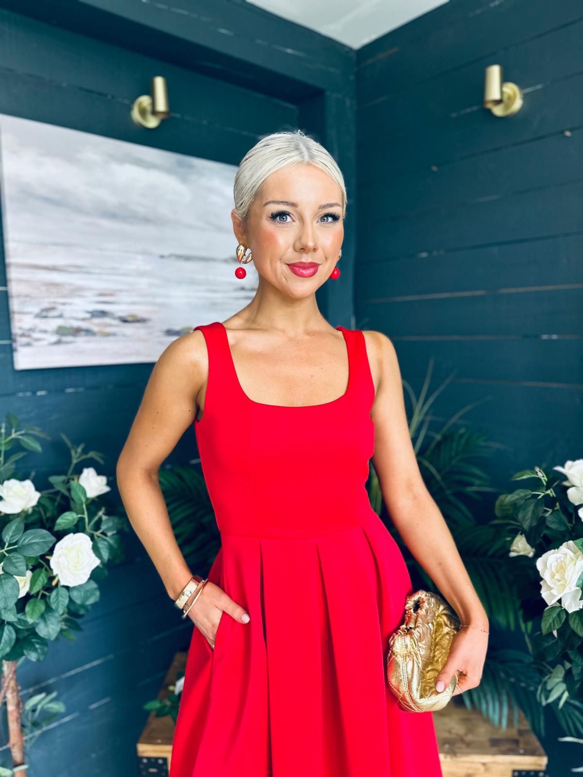 Erica Square Neck Midi Dress Red