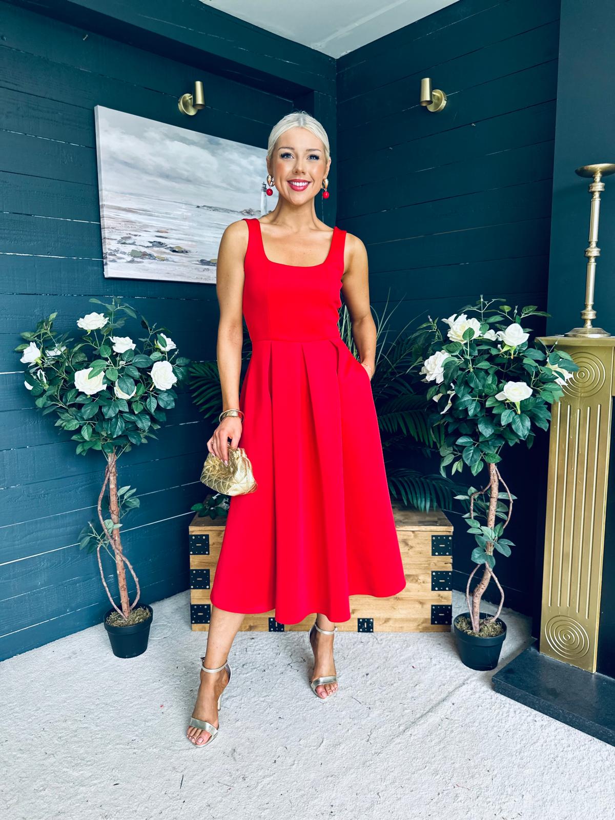 Erica Square Neck Midi Dress Red