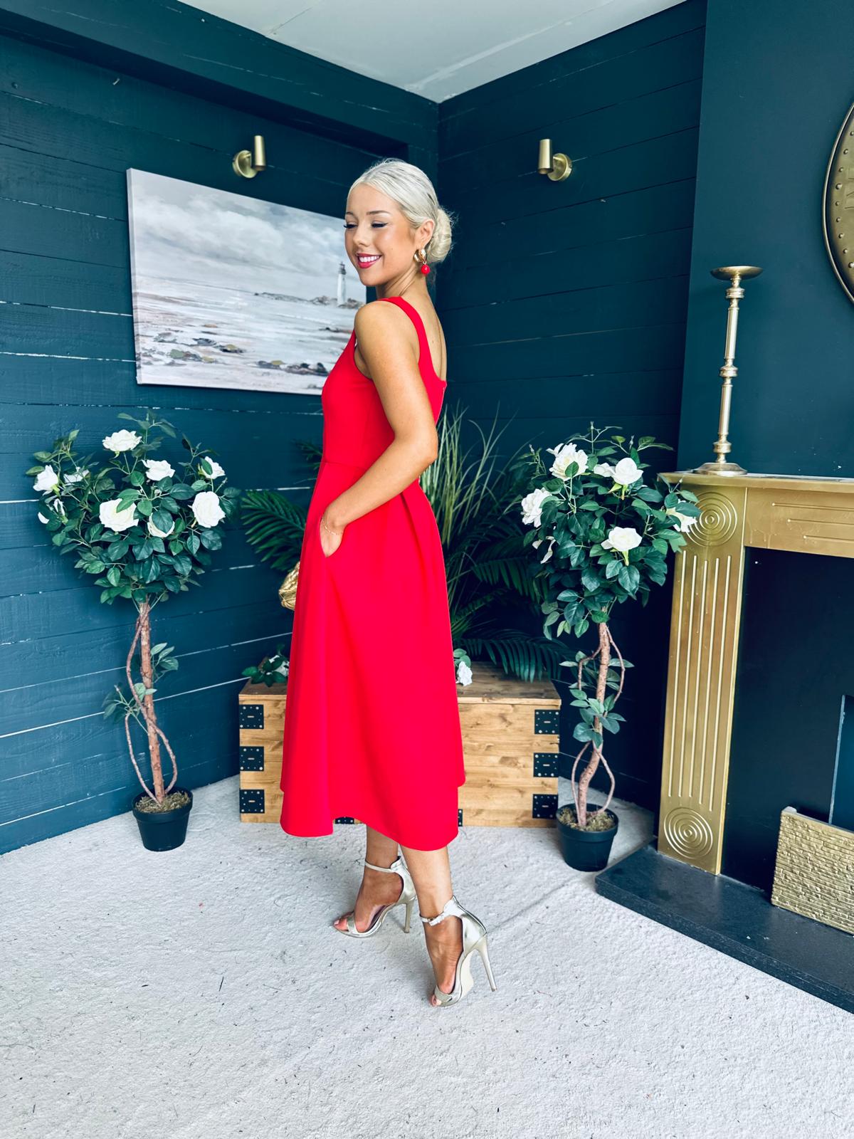 Erica Square Neck Midi Dress Red