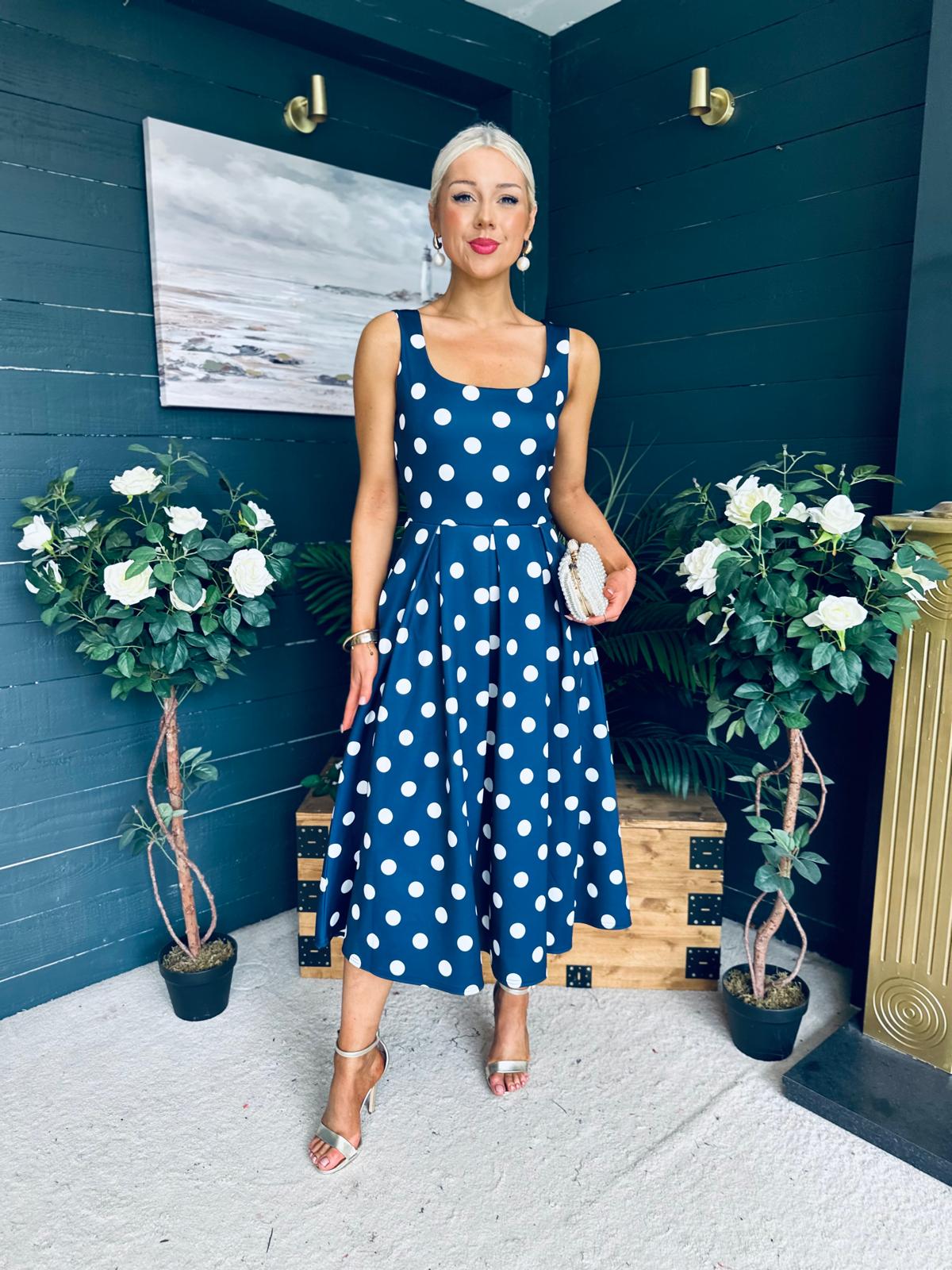 Erica Square Neck Midi Dress Navy Polka