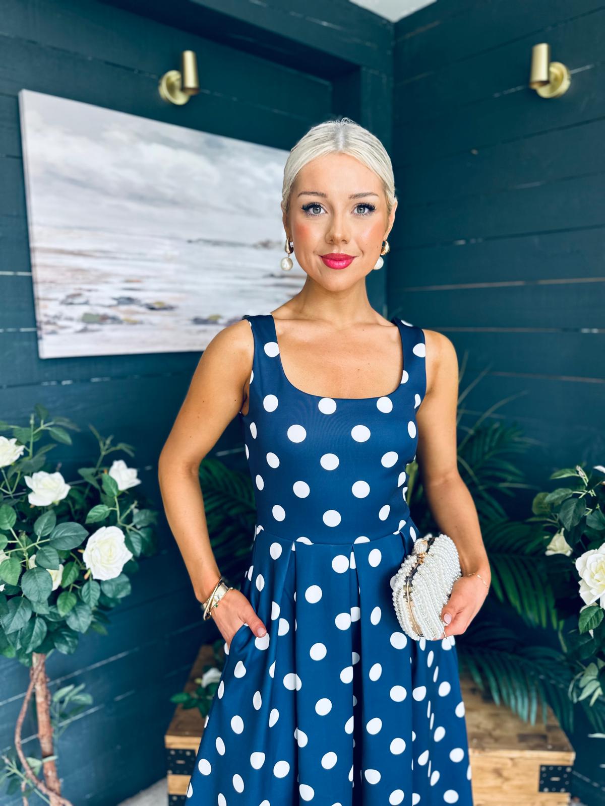Erica Square Neck Midi Dress Navy Polka