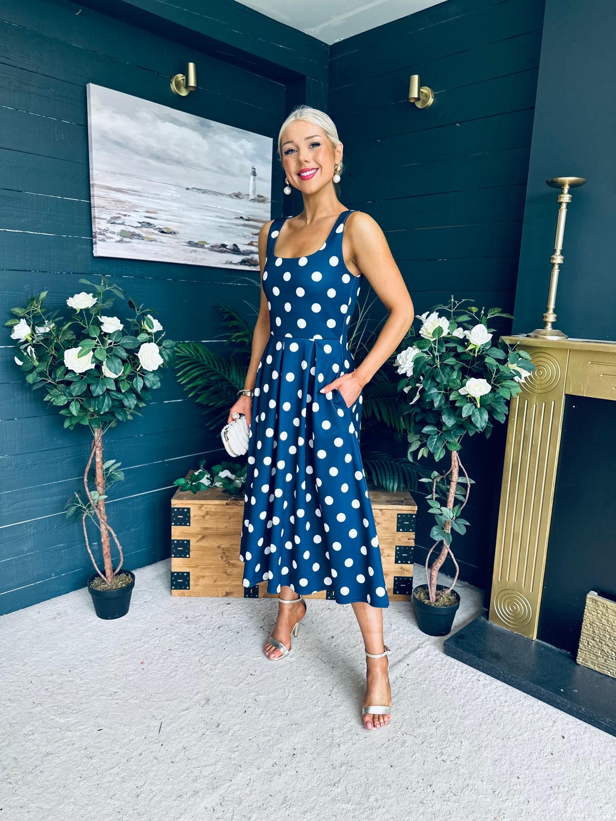 Erica Square Neck Midi Dress Navy Polka