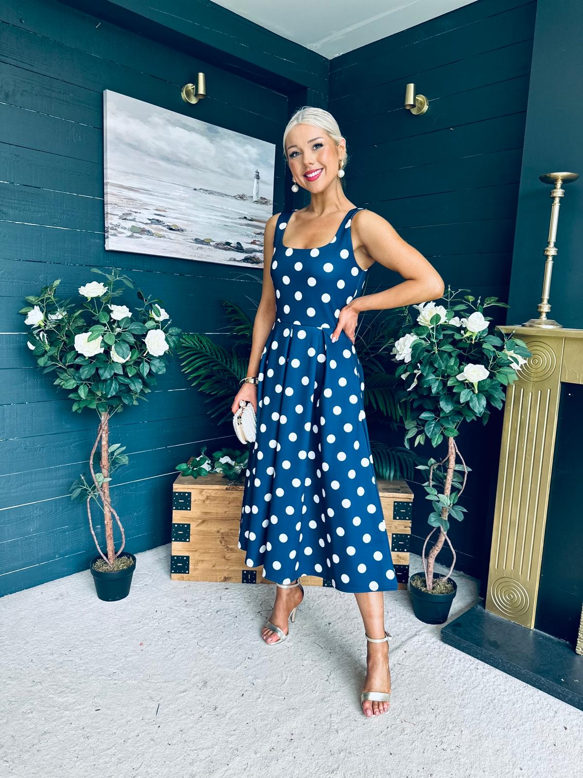 Erica Square Neck Midi Dress Navy Polka