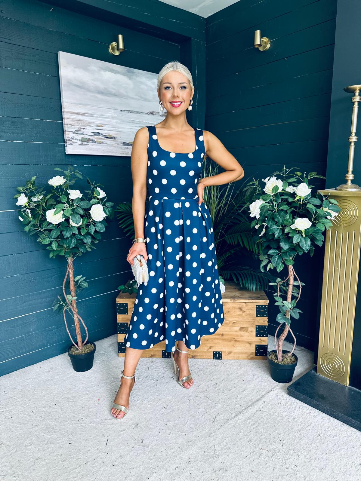 Erica Square Neck Midi Dress Navy Polka