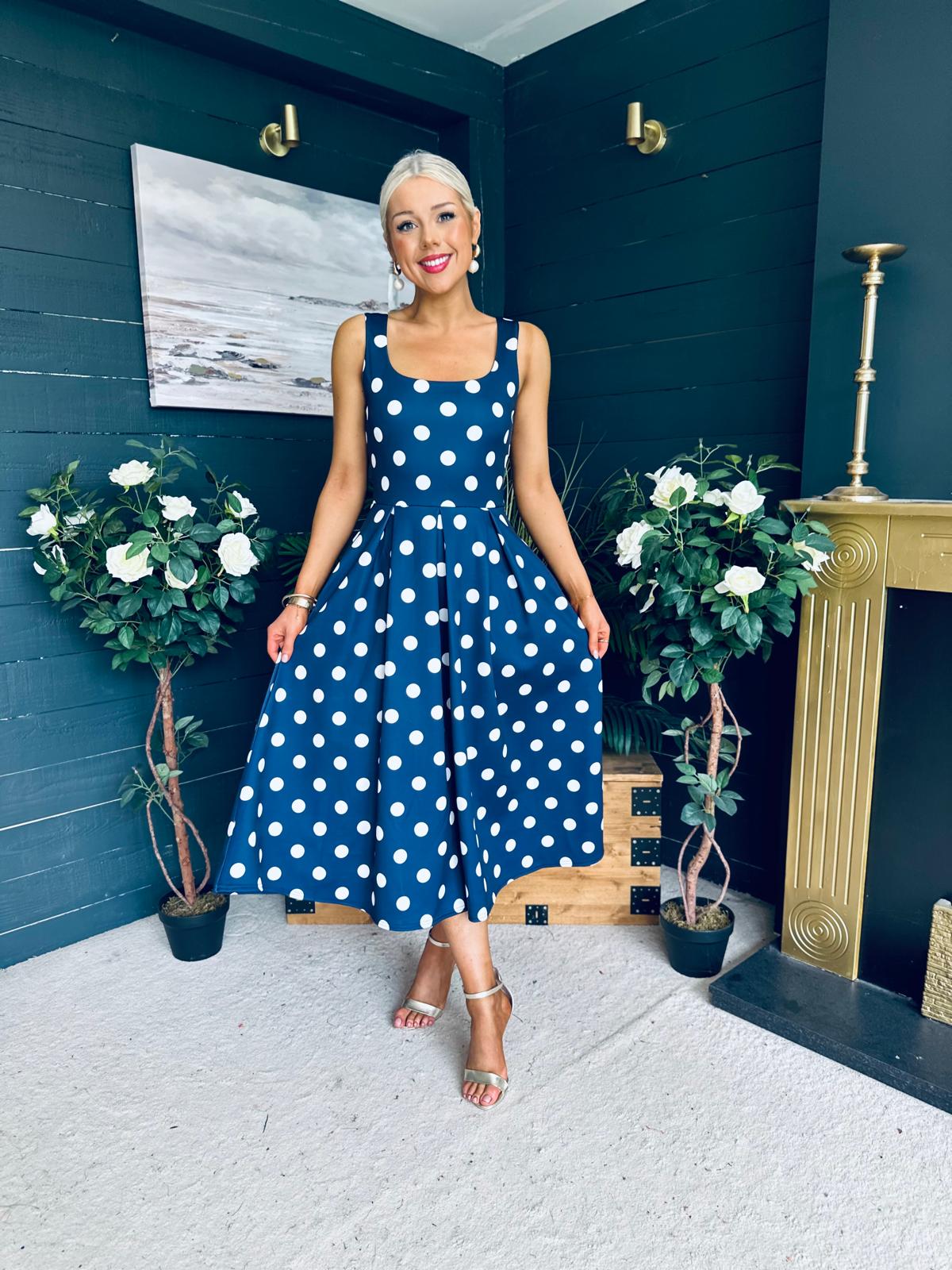 Erica Square Neck Midi Dress Navy Polka