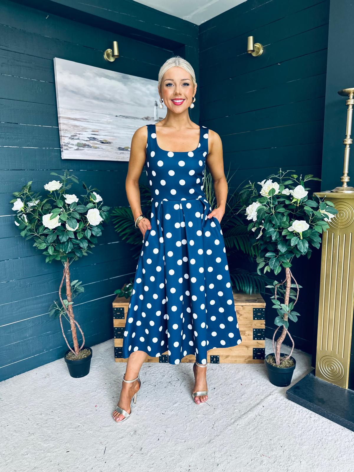 Erica Square Neck Midi Dress Navy Polka