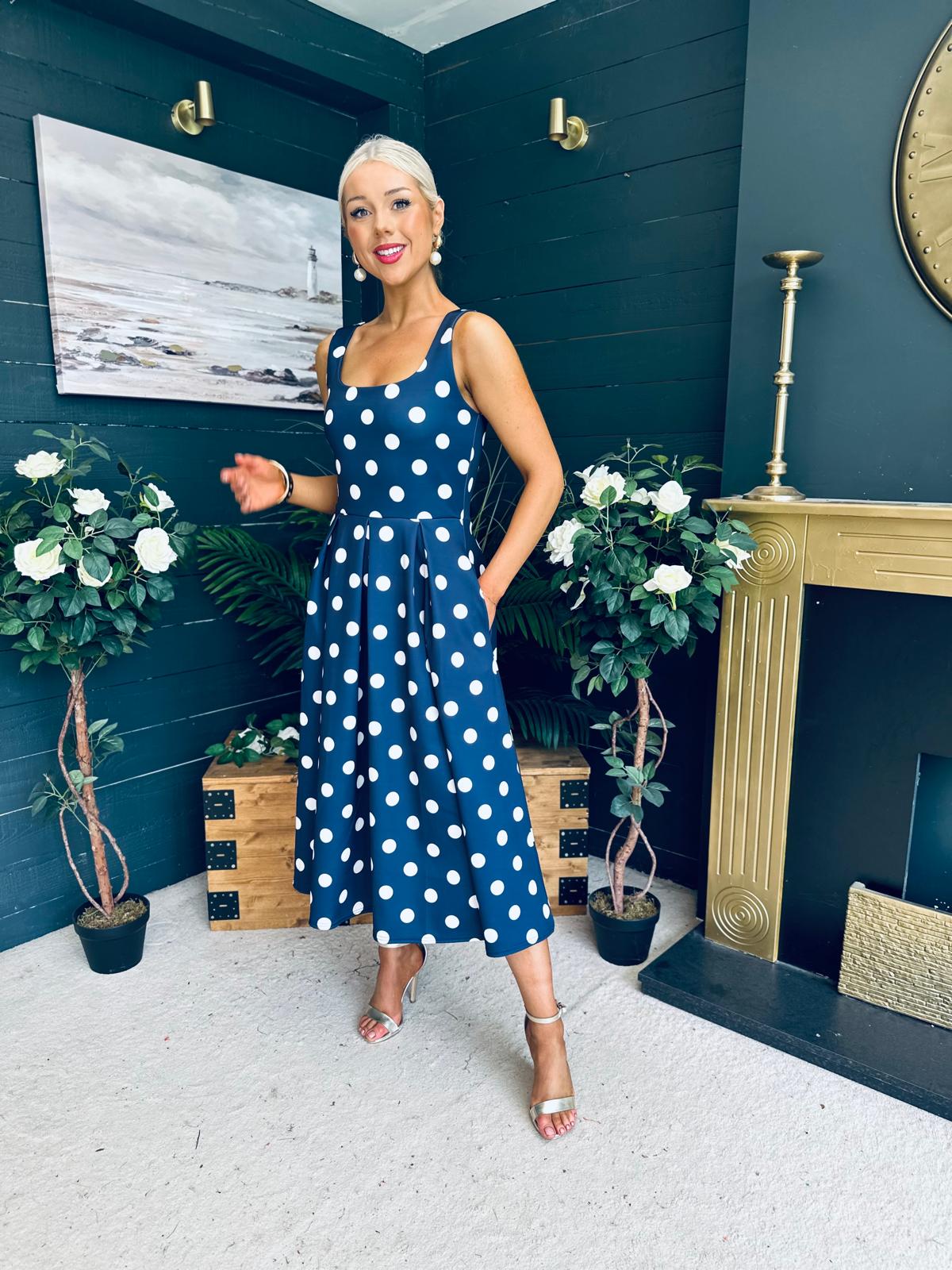 Erica Square Neck Midi Dress Navy Polka