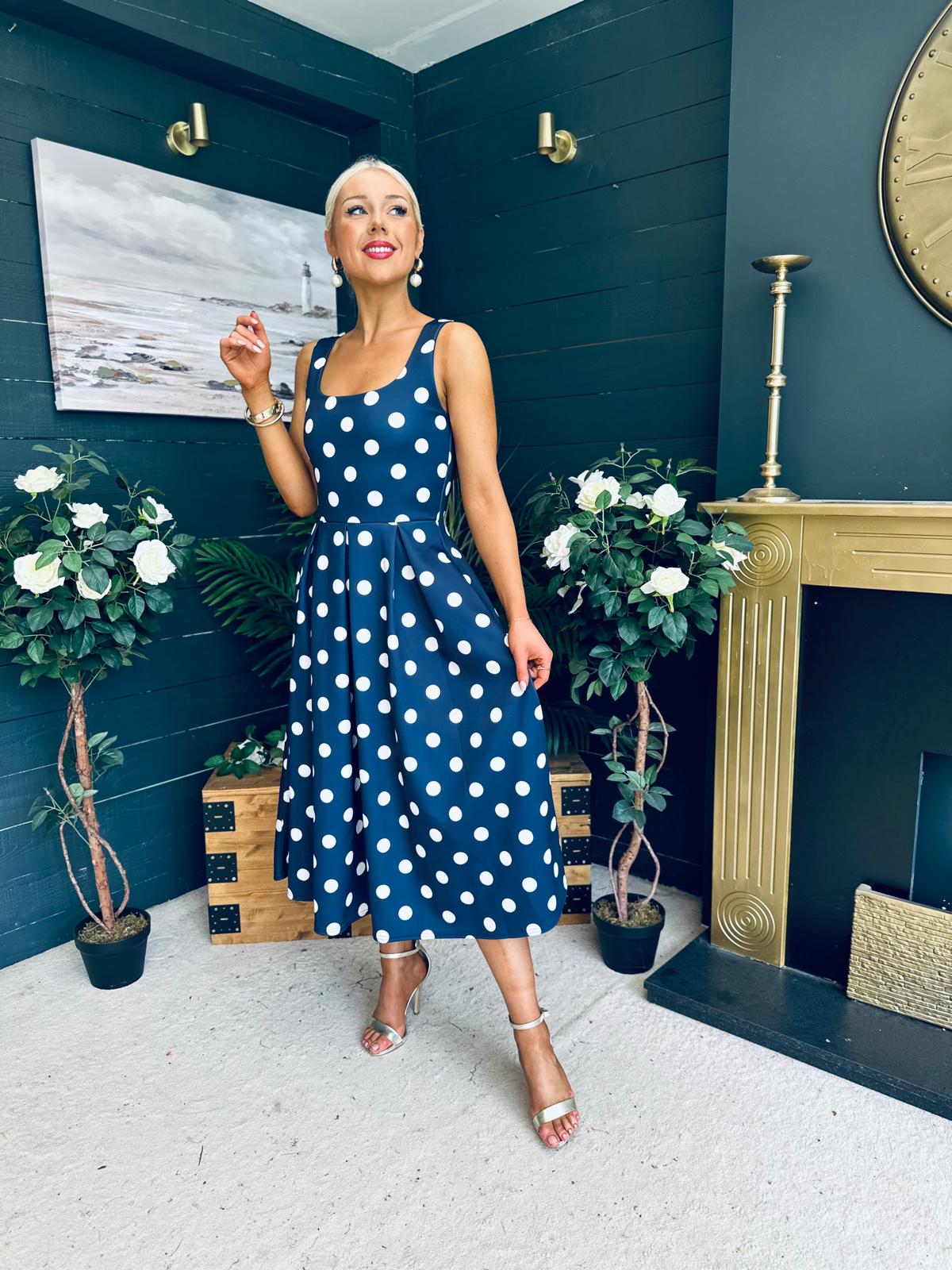 Erica Square Neck Midi Dress Navy Polka