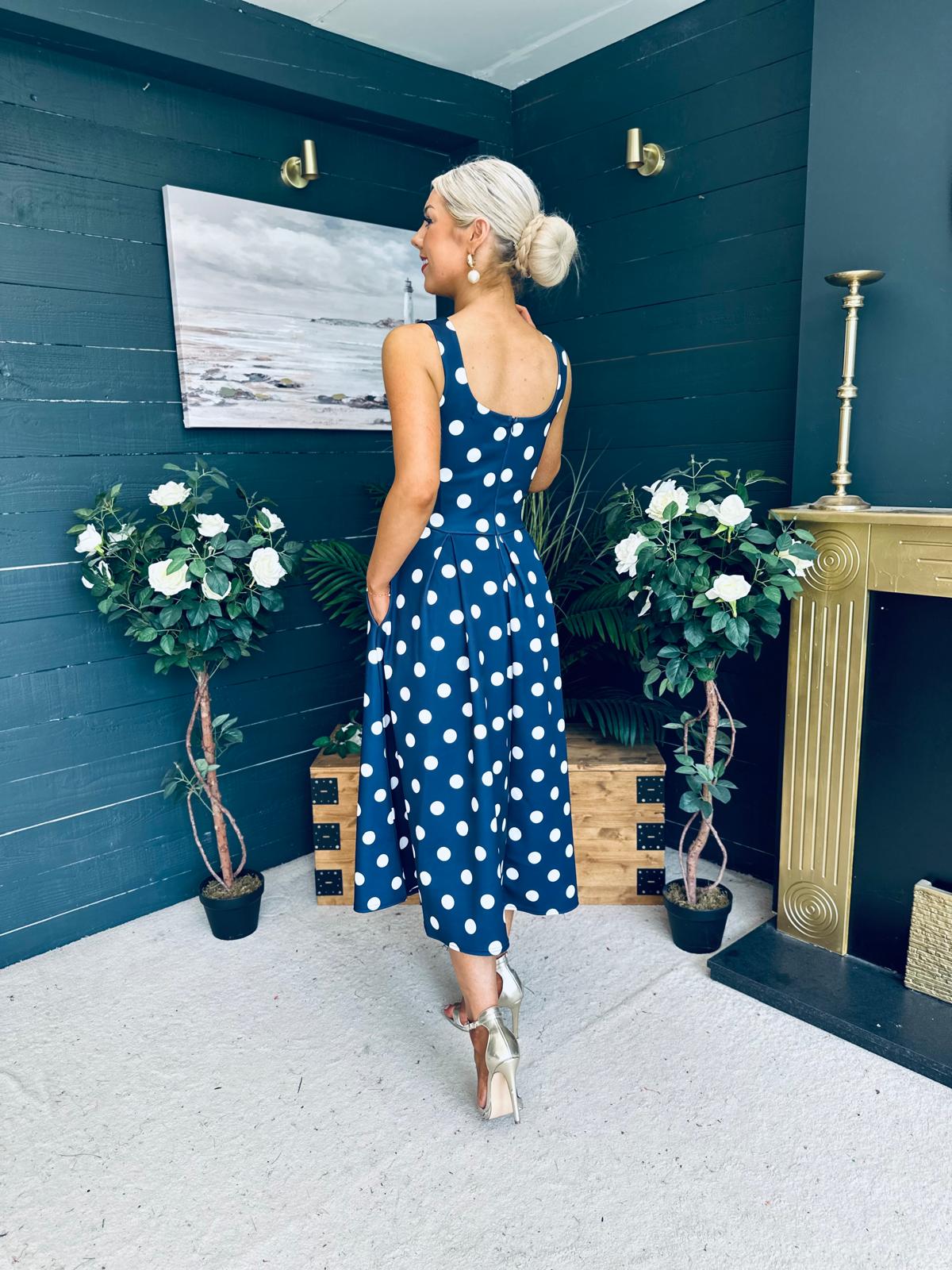 Erica Square Neck Midi Dress Navy Polka