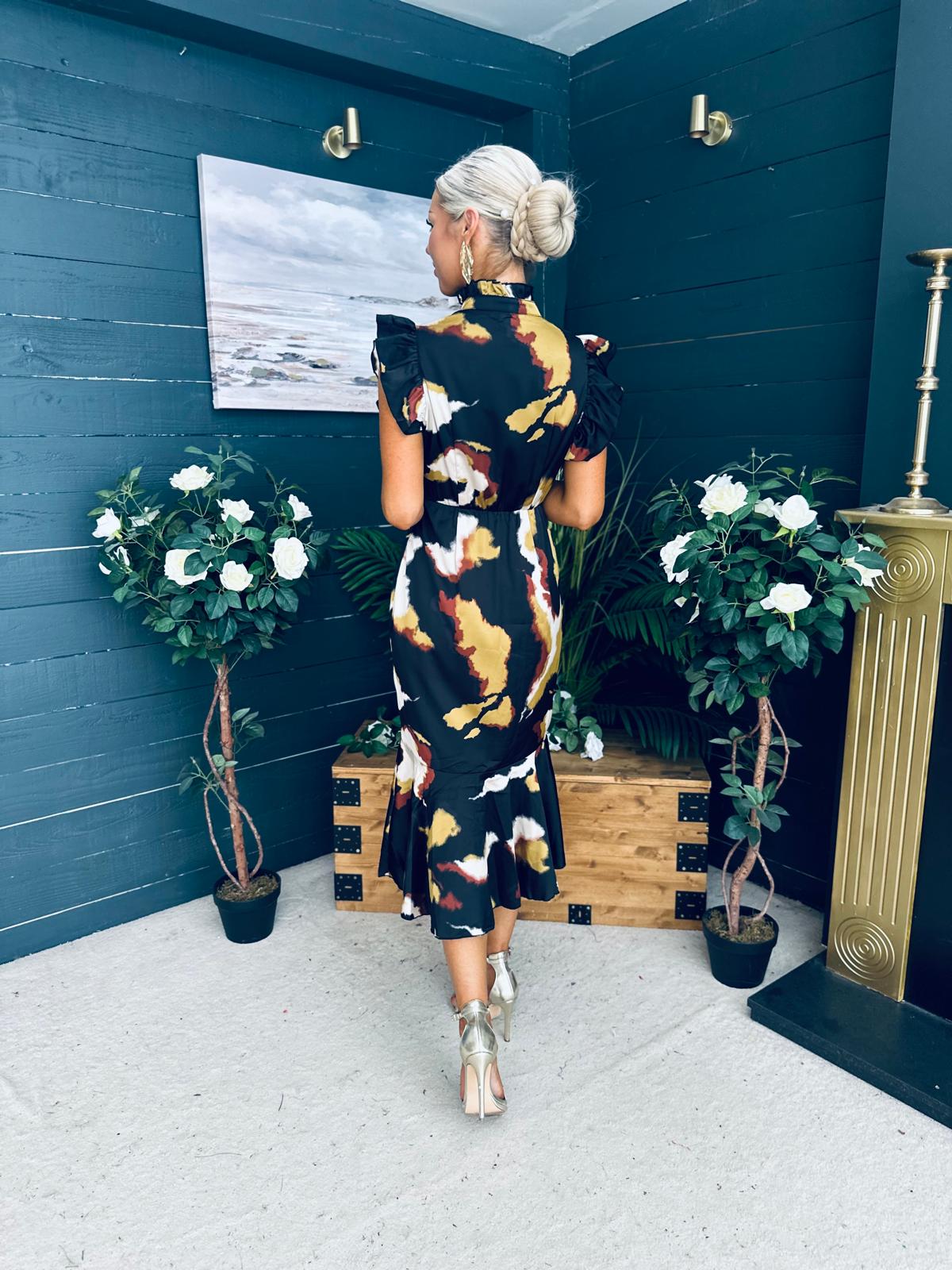 Hannah Frill Sleeve Button Front Midi Dress Brown Abstract