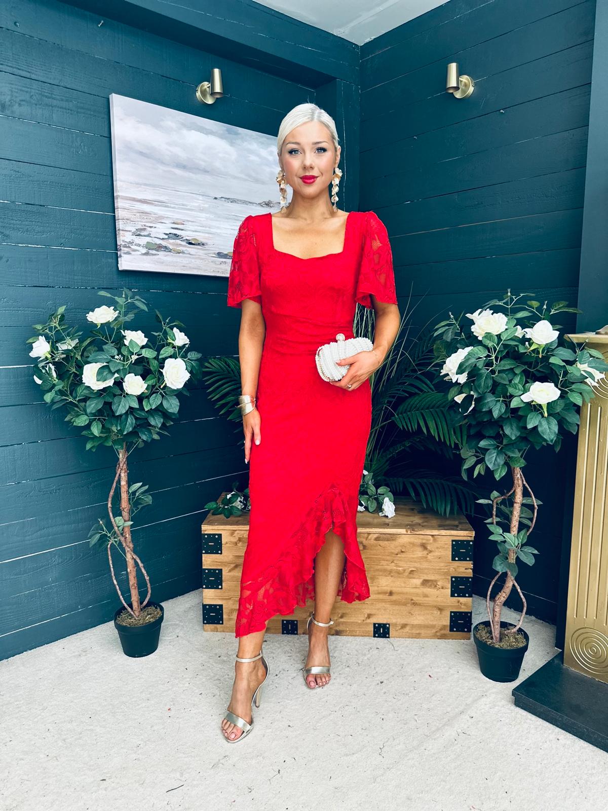 Heidi Ruched Occasion Midi Dress Red Lace