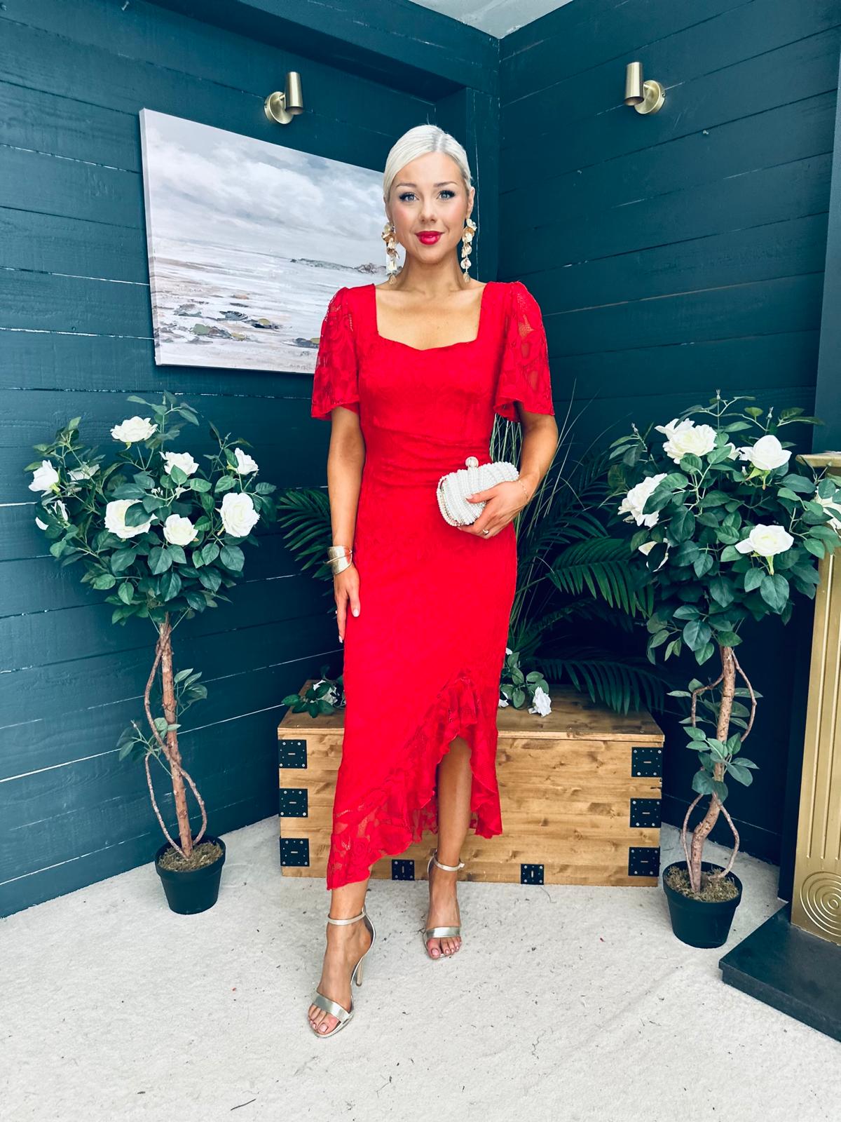 Heidi Ruched Occasion Midi Dress Red Lace