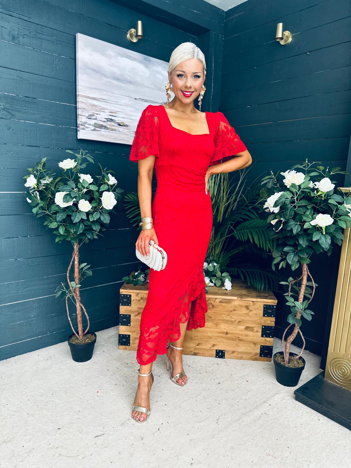 Heidi Ruched Occasion Midi Dress Red Lace