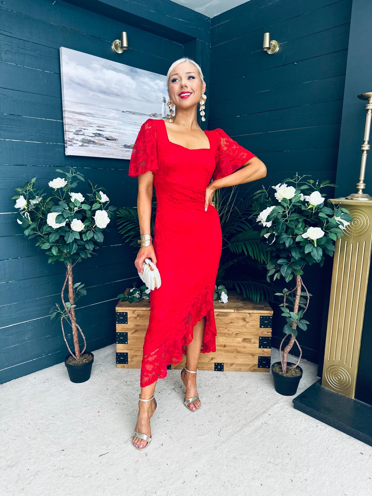 Heidi Ruched Occasion Midi Dress Red Lace