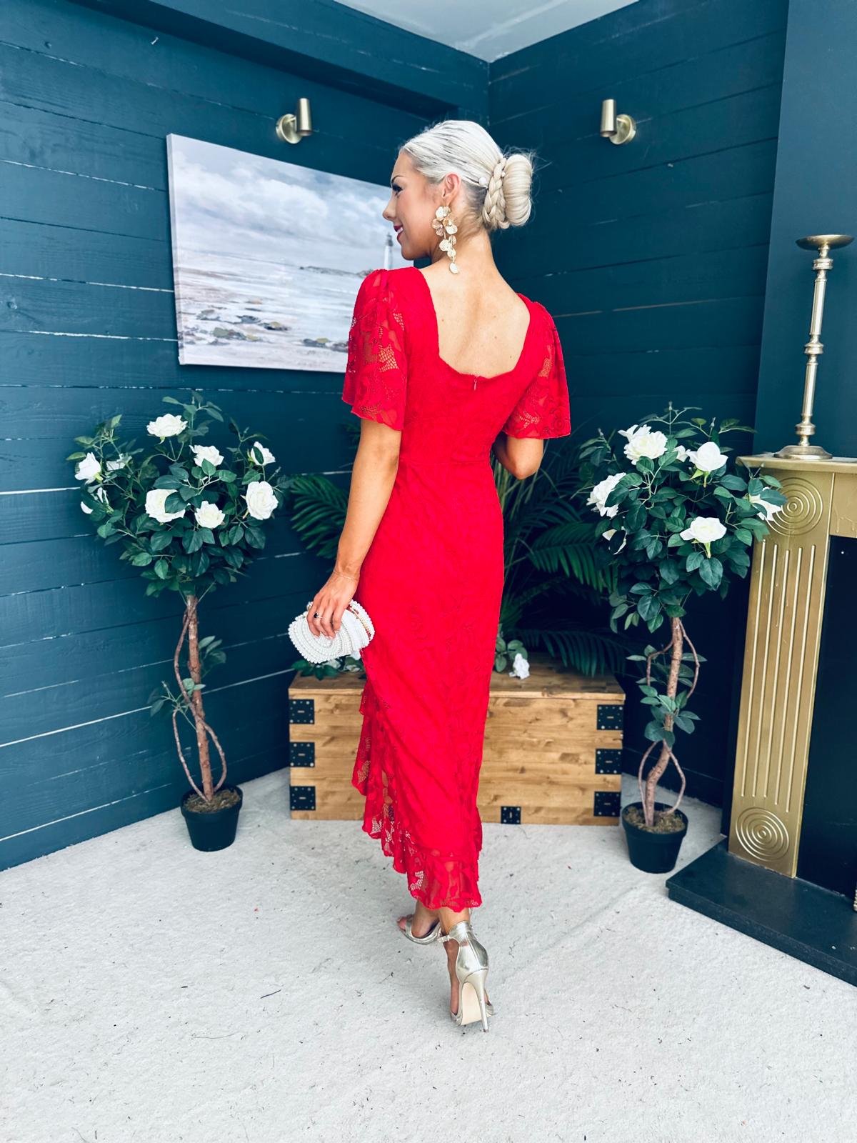 Heidi Ruched Occasion Midi Dress Red Lace
