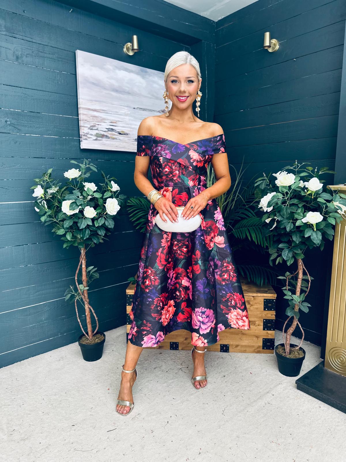 Daphne Off The Shoulder Skater Midi Dress Dark Floral
