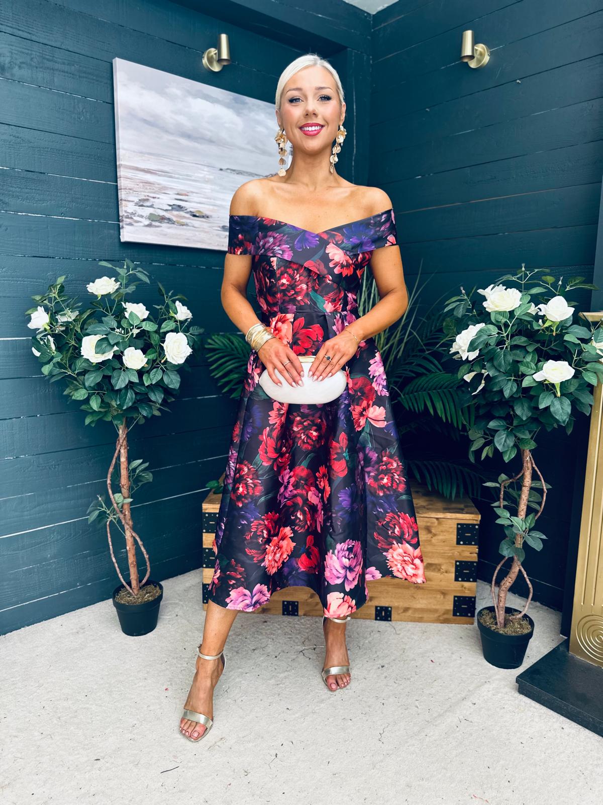 Daphne Off The Shoulder Skater Midi Dress Dark Floral