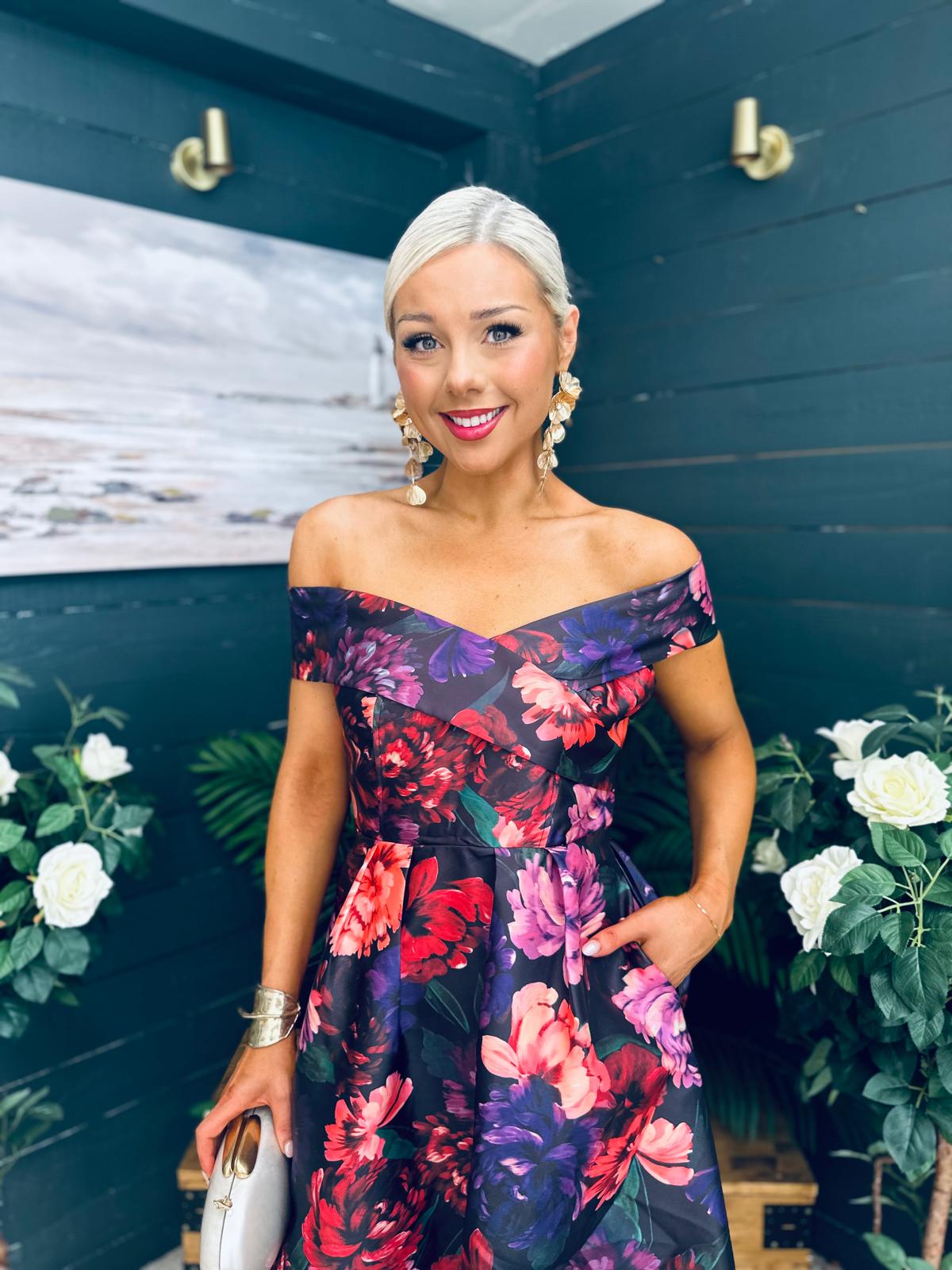 Daphne Off The Shoulder Skater Midi Dress Dark Floral