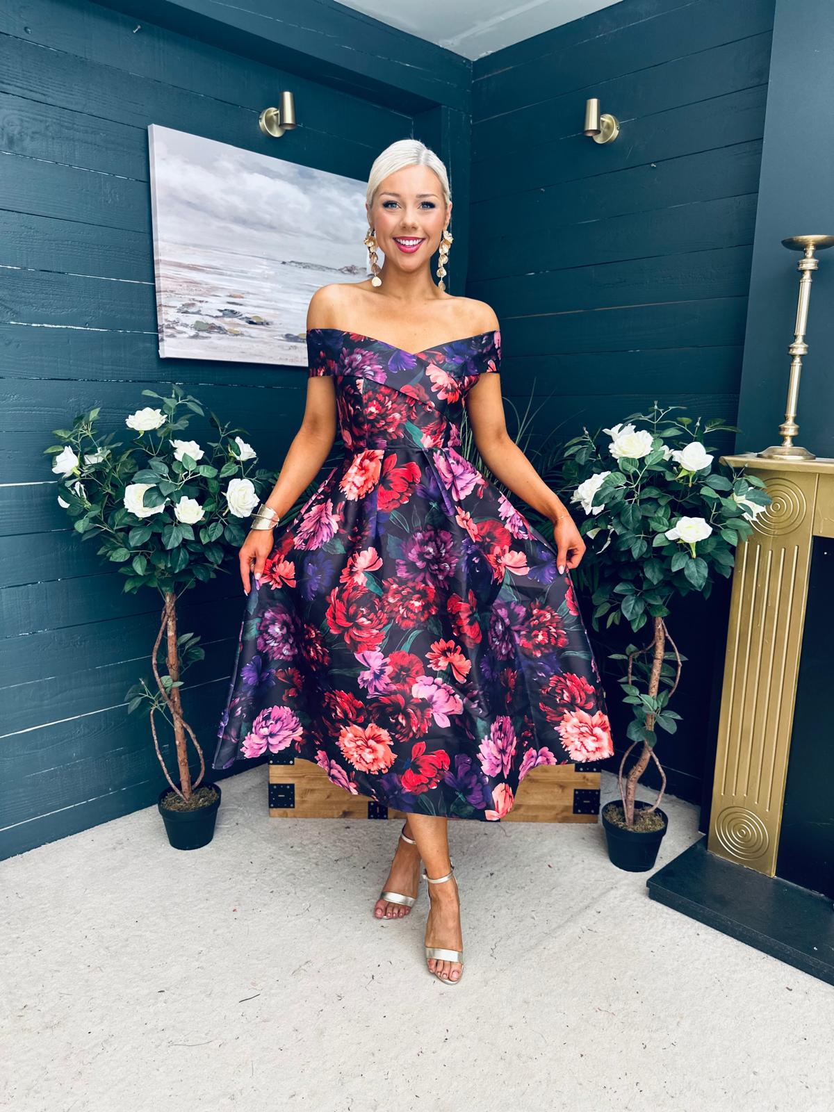 Daphne Off The Shoulder Skater Midi Dress Dark Floral