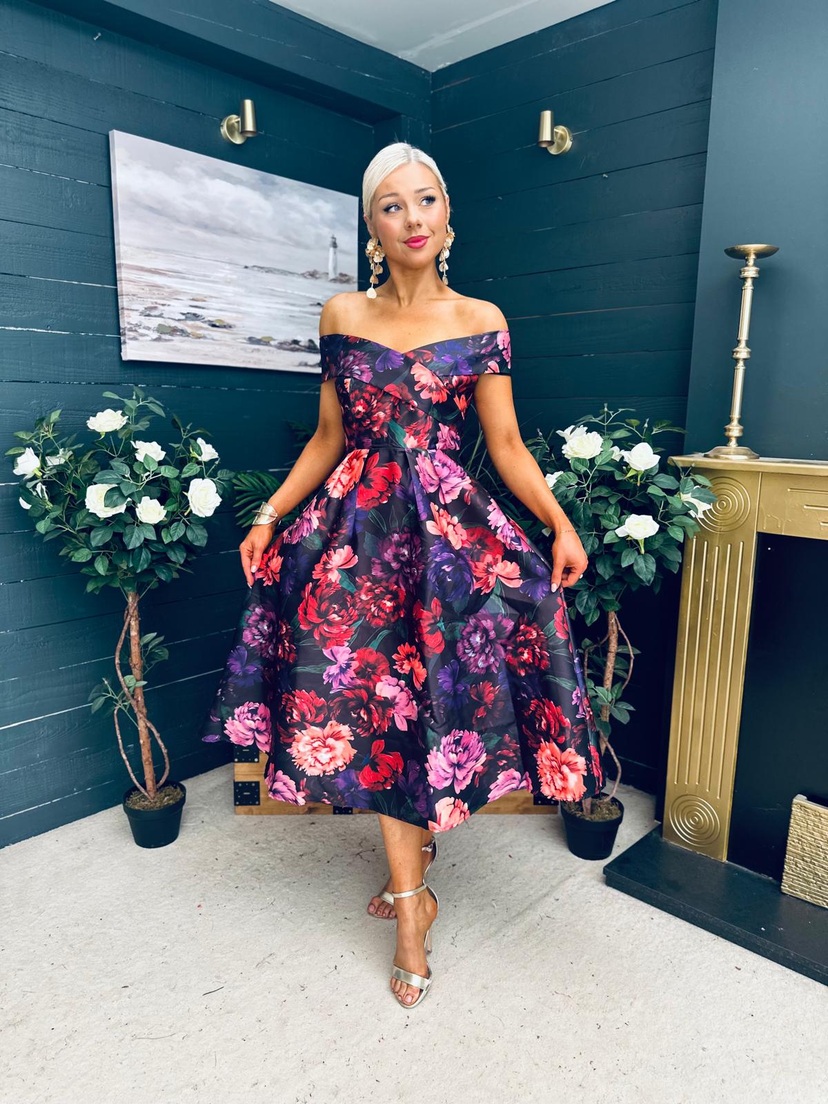 Daphne Off The Shoulder Skater Midi Dress Dark Floral