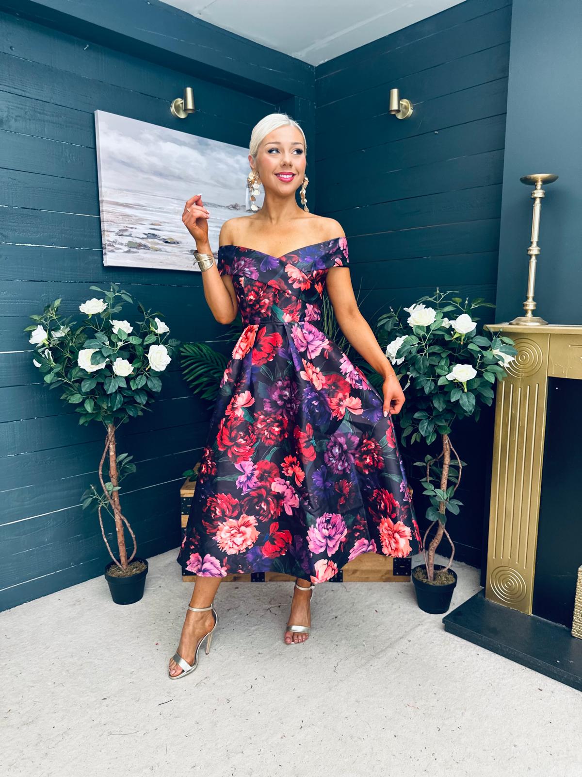 Daphne Off The Shoulder Skater Midi Dress Dark Floral