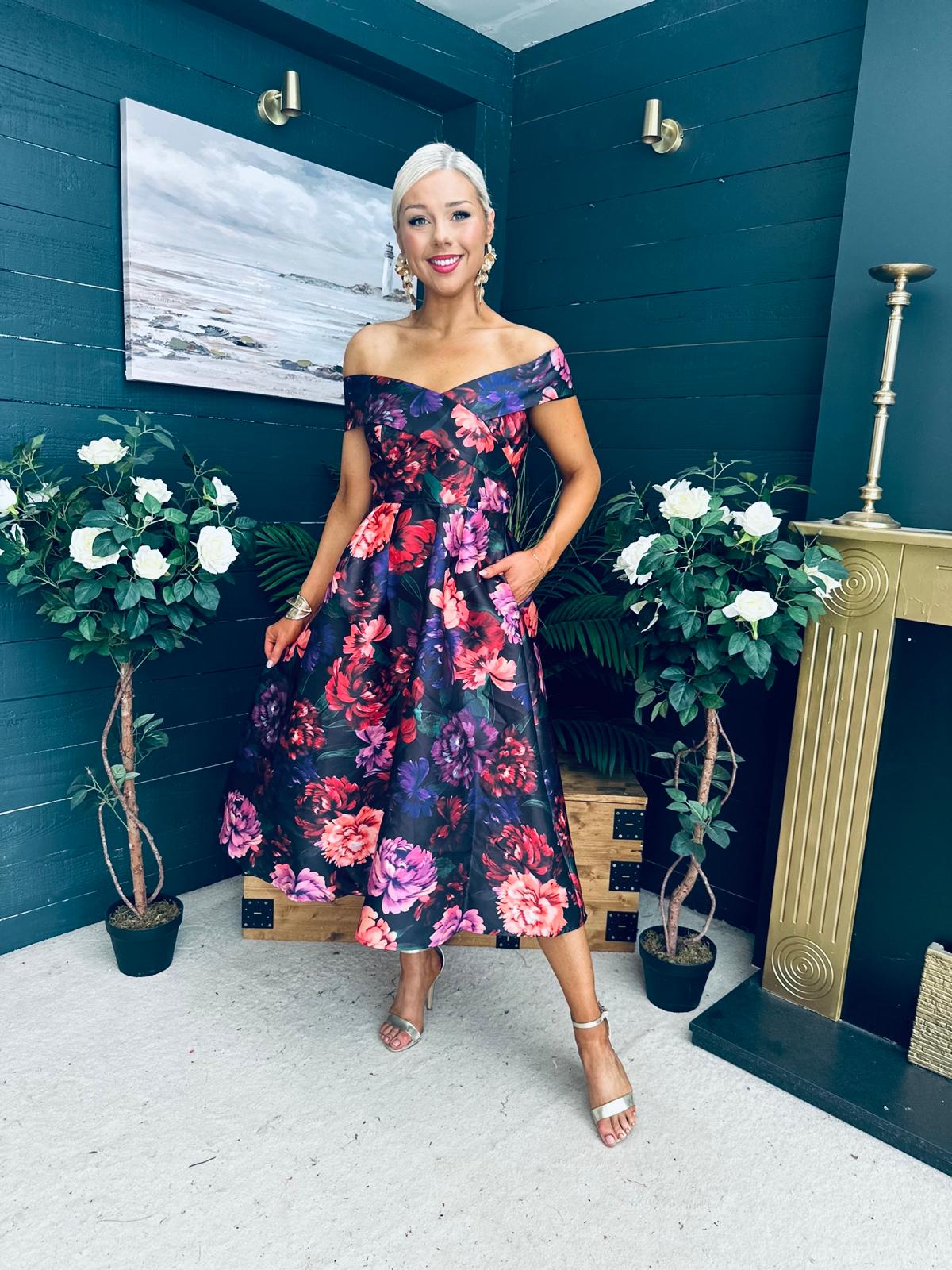 Daphne Off The Shoulder Skater Midi Dress Dark Floral
