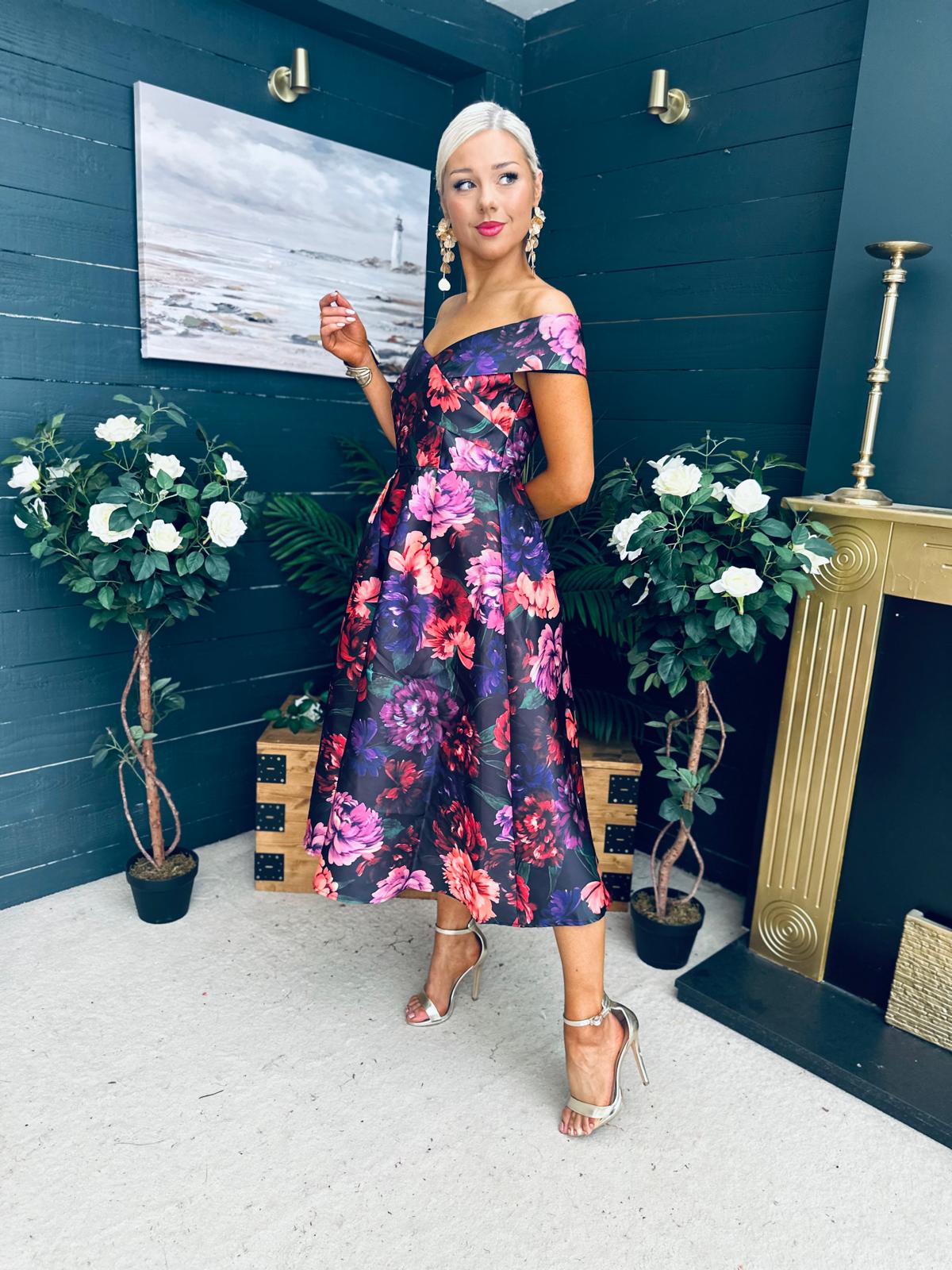 Daphne Off The Shoulder Skater Midi Dress Dark Floral