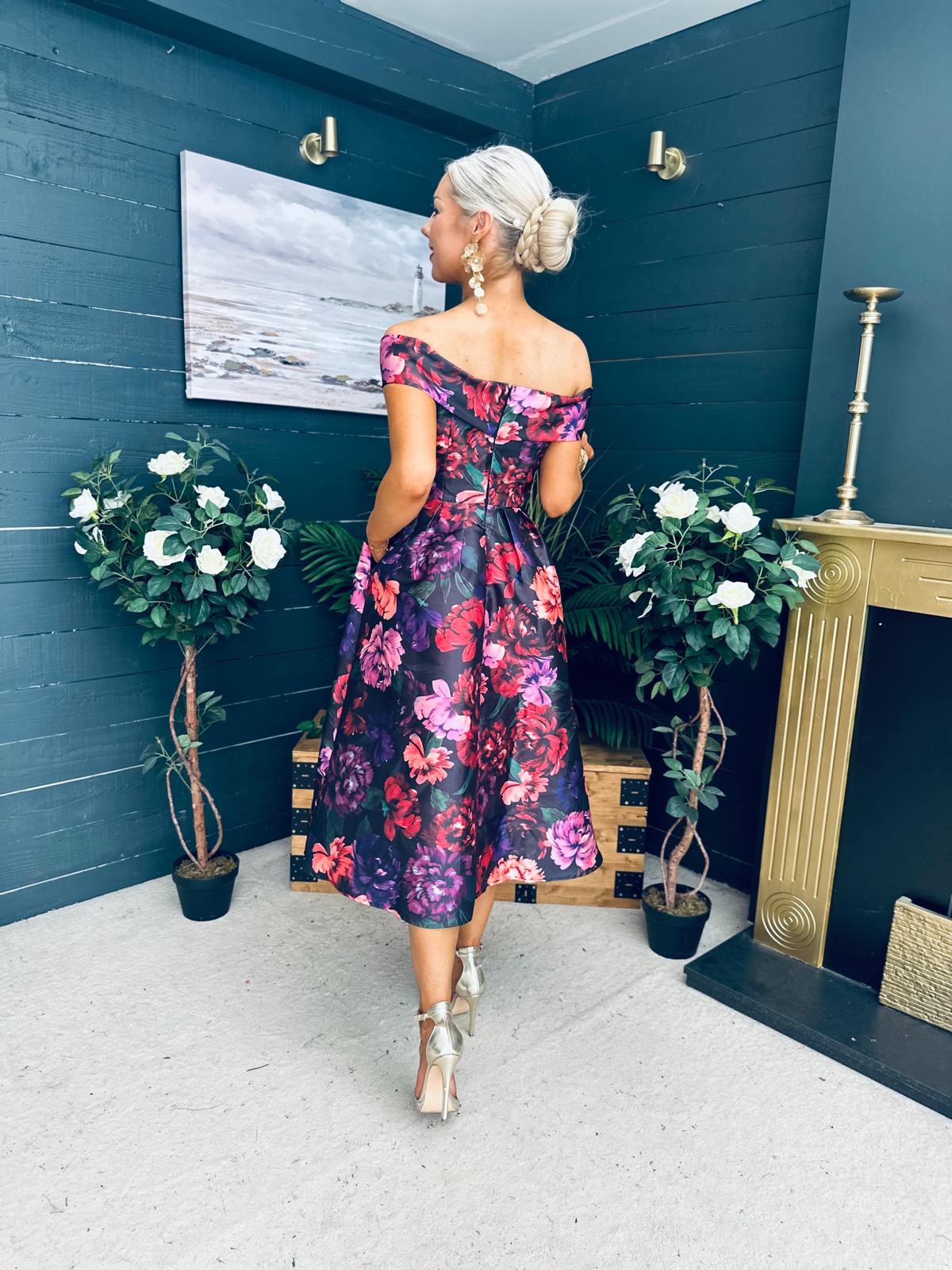 Daphne Off The Shoulder Skater Midi Dress Dark Floral