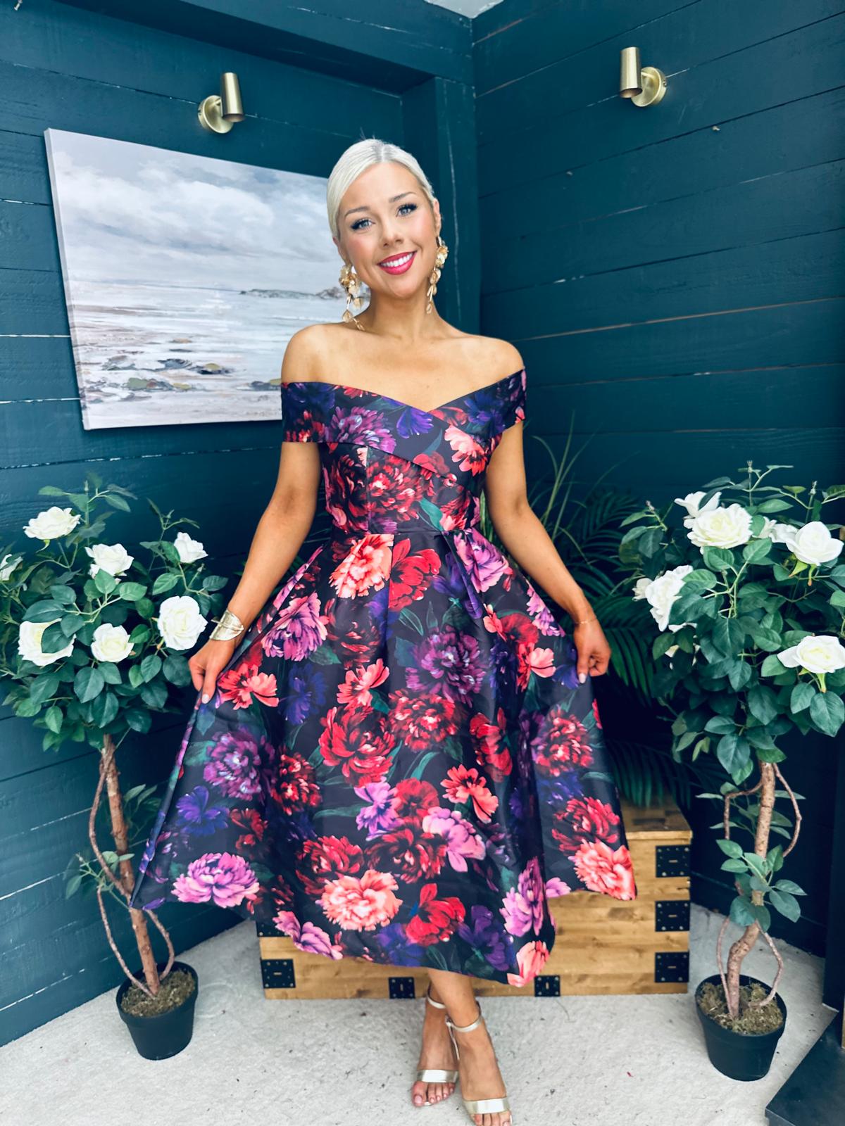 Daphne Off The Shoulder Skater Midi Dress Dark Floral
