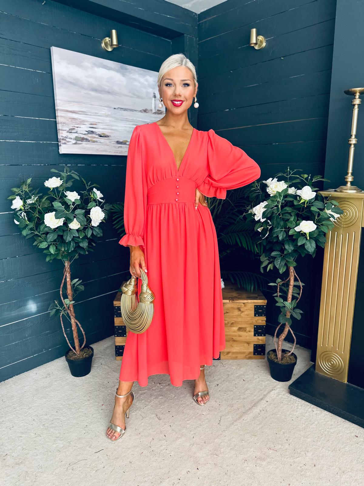 Cliona Banded Midi Dress Coral