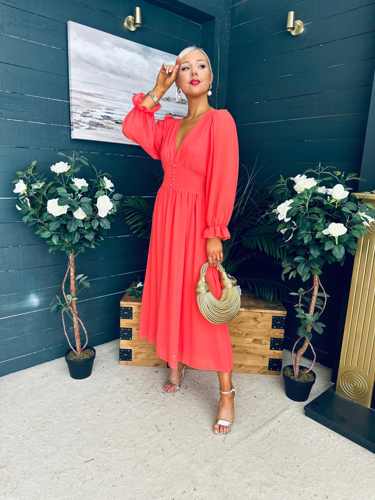Cliona Banded Midi Dress Coral