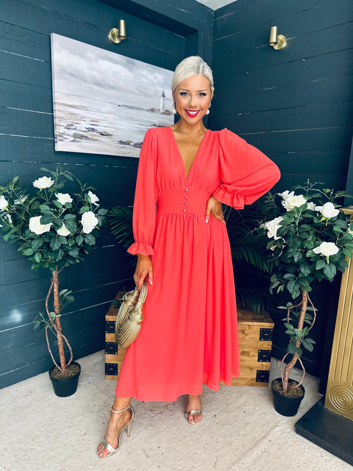 Cliona Banded Midi Dress Coral