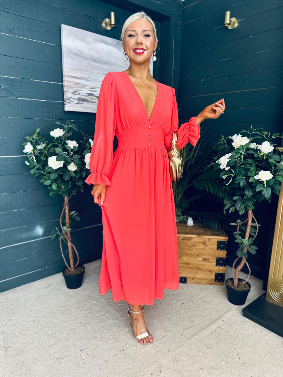 Cliona Banded Midi Dress Coral