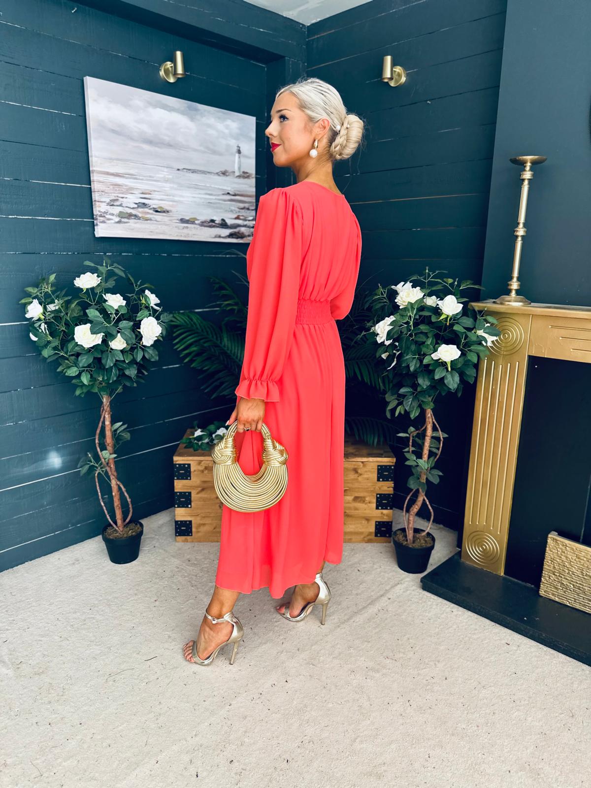 Cliona Banded Midi Dress Coral