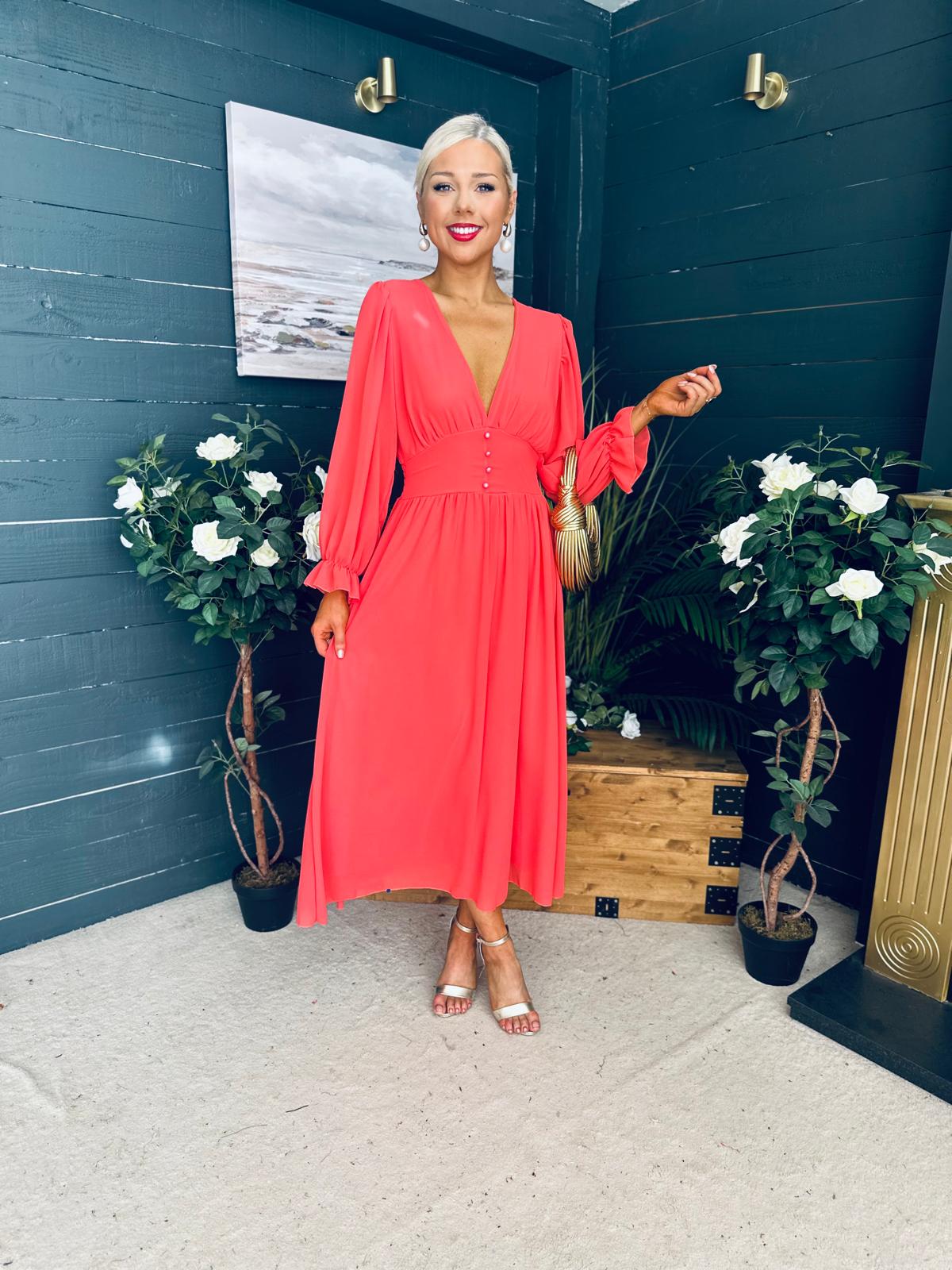 Cliona Banded Midi Dress Coral
